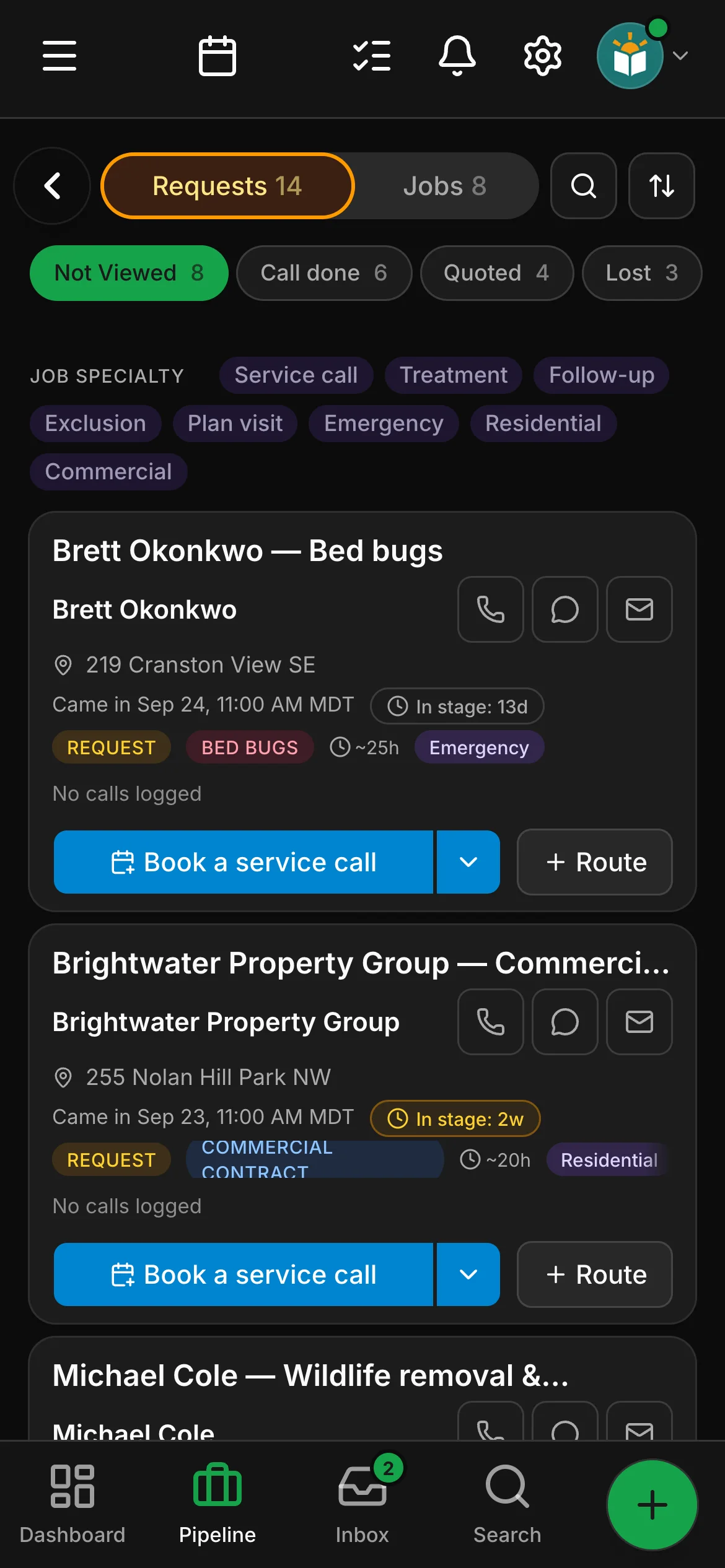 The requests board in Daybook: “Brett Okonkwo — Bed bugs” and “Brightwater Property Group — Commercial contract”.