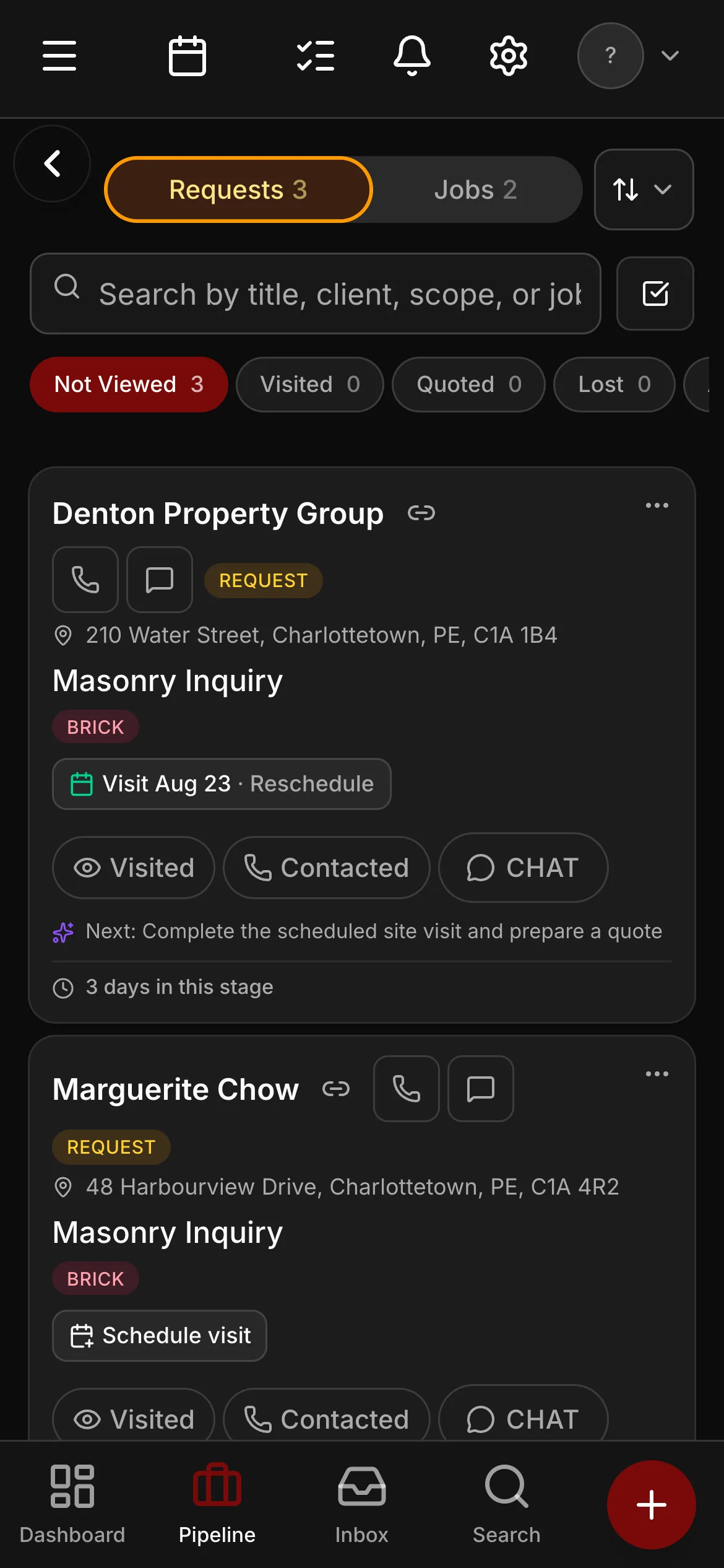 New enquiries on a phone in dark mode, each one a card.