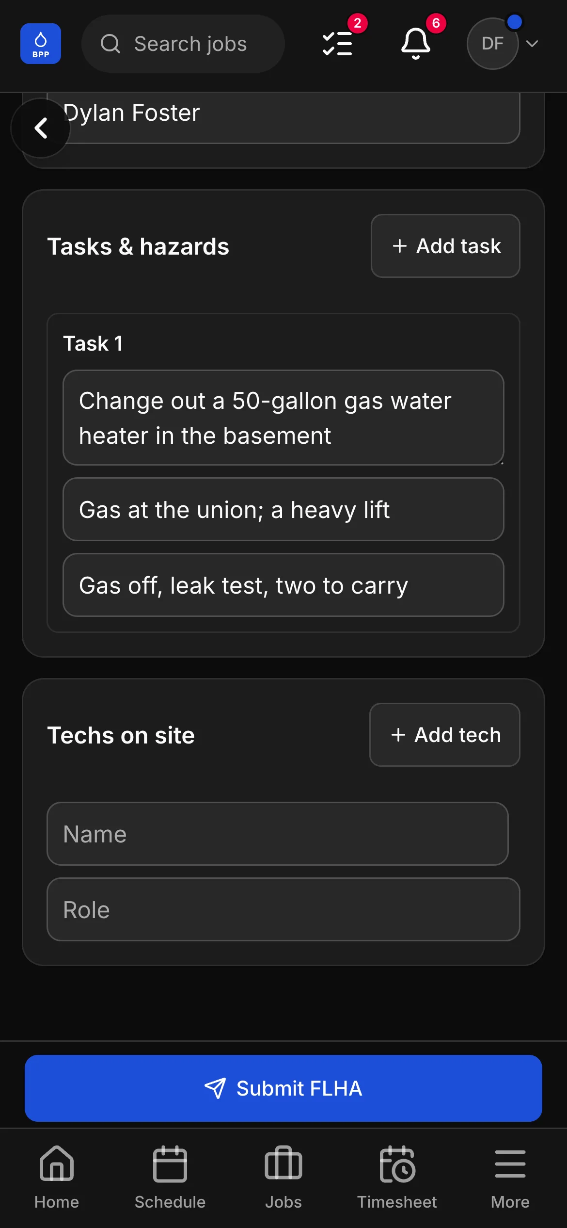 An FLHA in the crew app, “Change out a 50-gallon gas water heater in the basement”: the task with its hazard and its control.