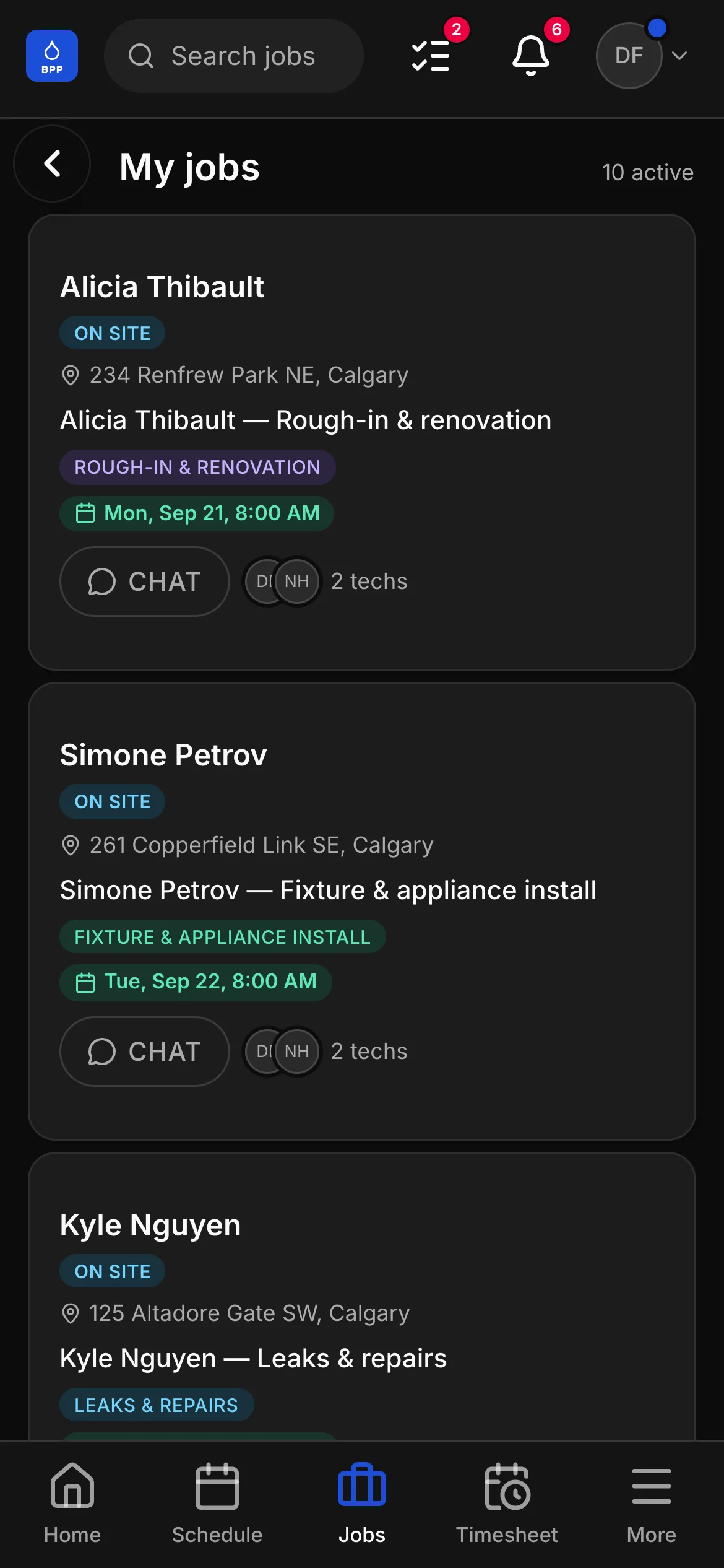 A crew member’s list in the crew app, 10 active: “Alicia Thibault — Rough-in & renovation” and “Simone Petrov — Fixture & appliance install” among them, each with its address and its time.