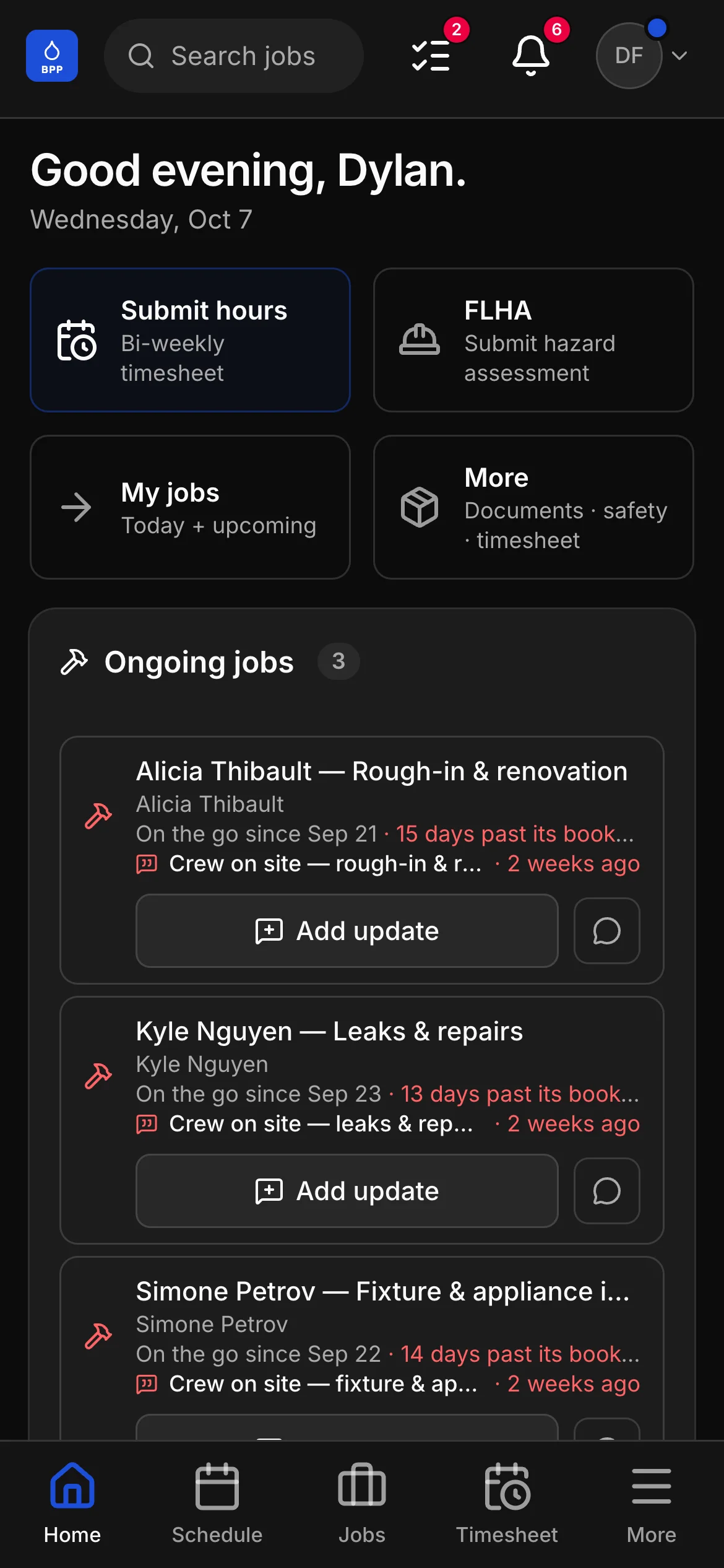 The crew app’s home: a greeting by name, then Submit hours, FLHA, My jobs and More, and the jobs on the go below them, each with Add update.