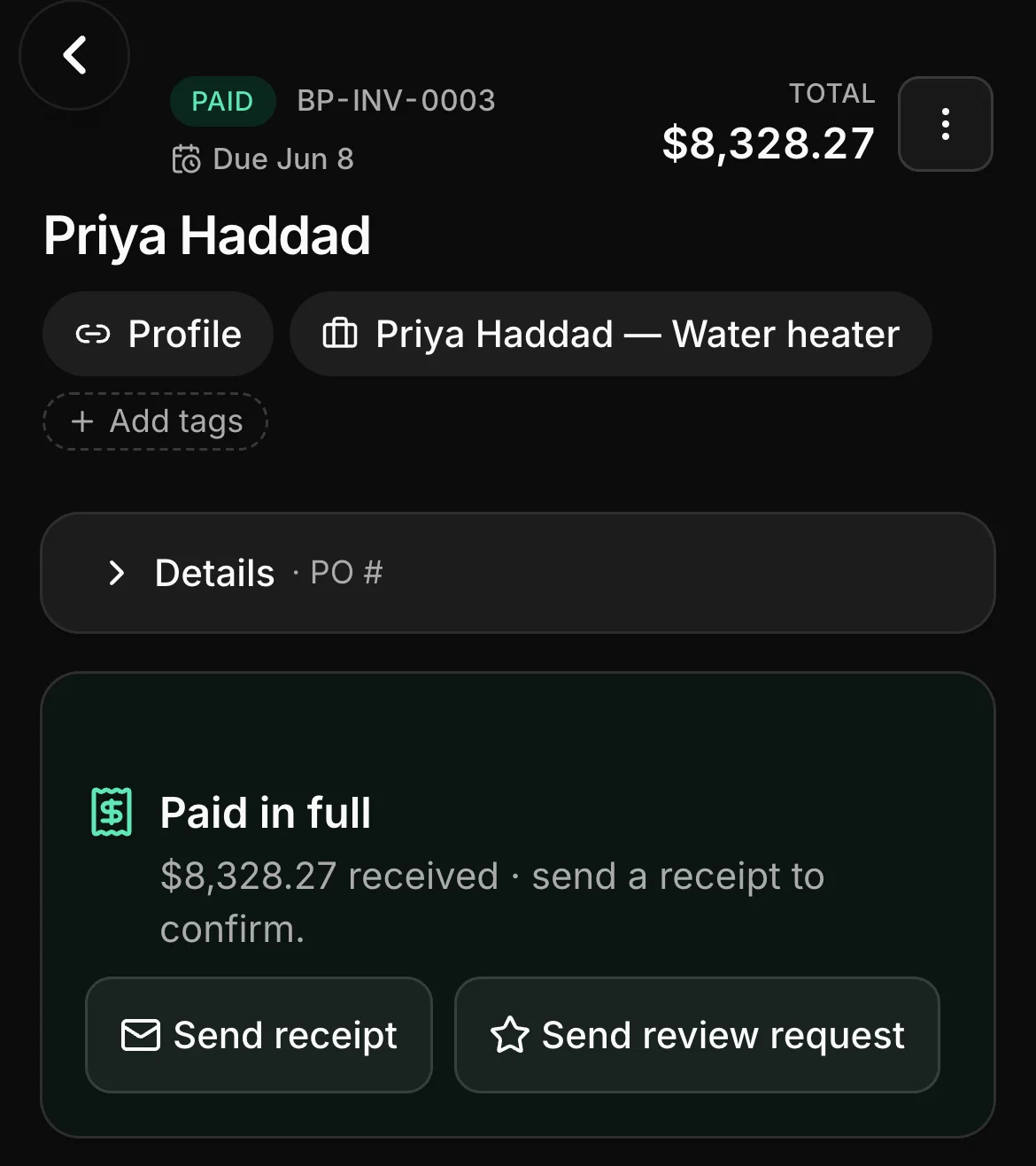 A paid invoice in Daybook: BP-INV-0003, paid, $8,328.27.