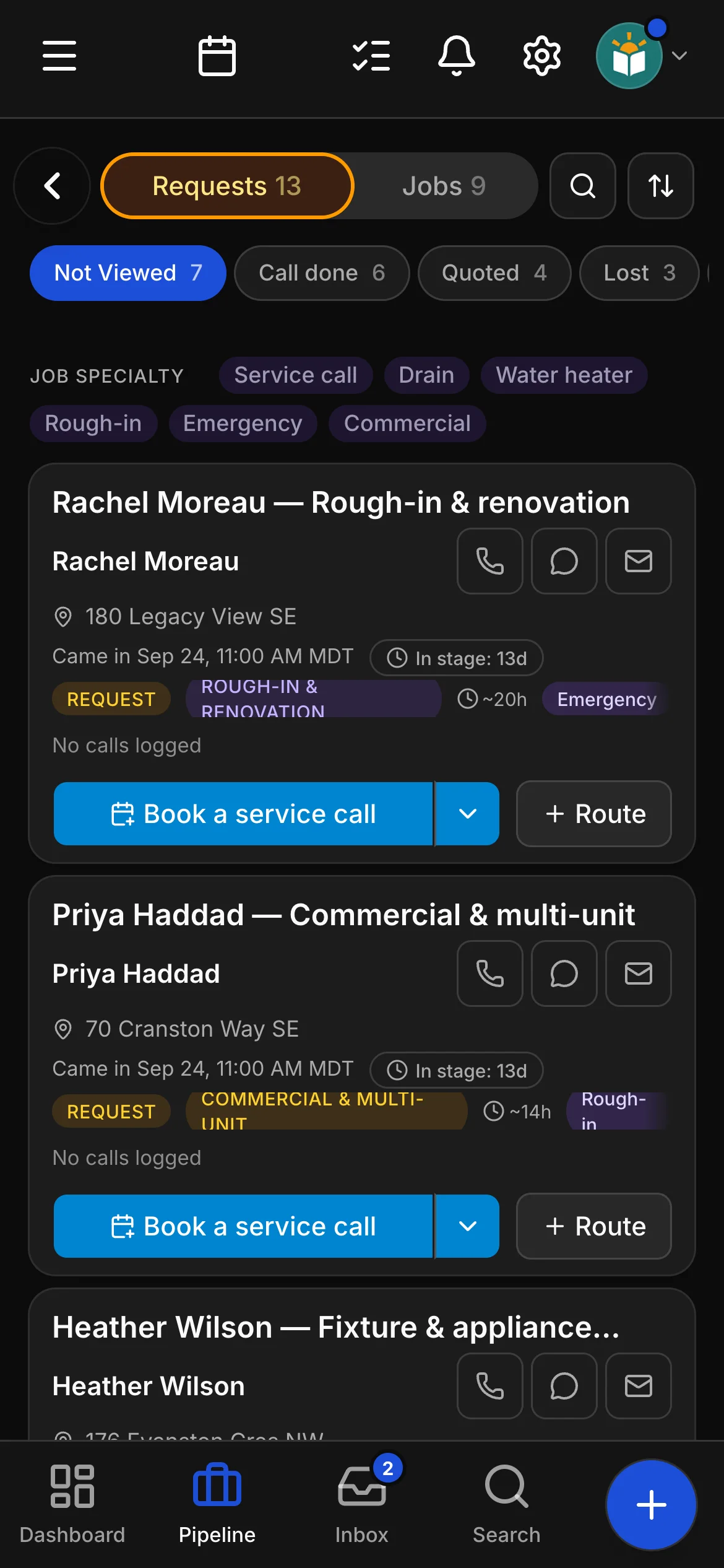 The requests board in Daybook: “Rachel Moreau — Rough-in & renovation” and “Priya Haddad — Commercial & multi-unit”.
