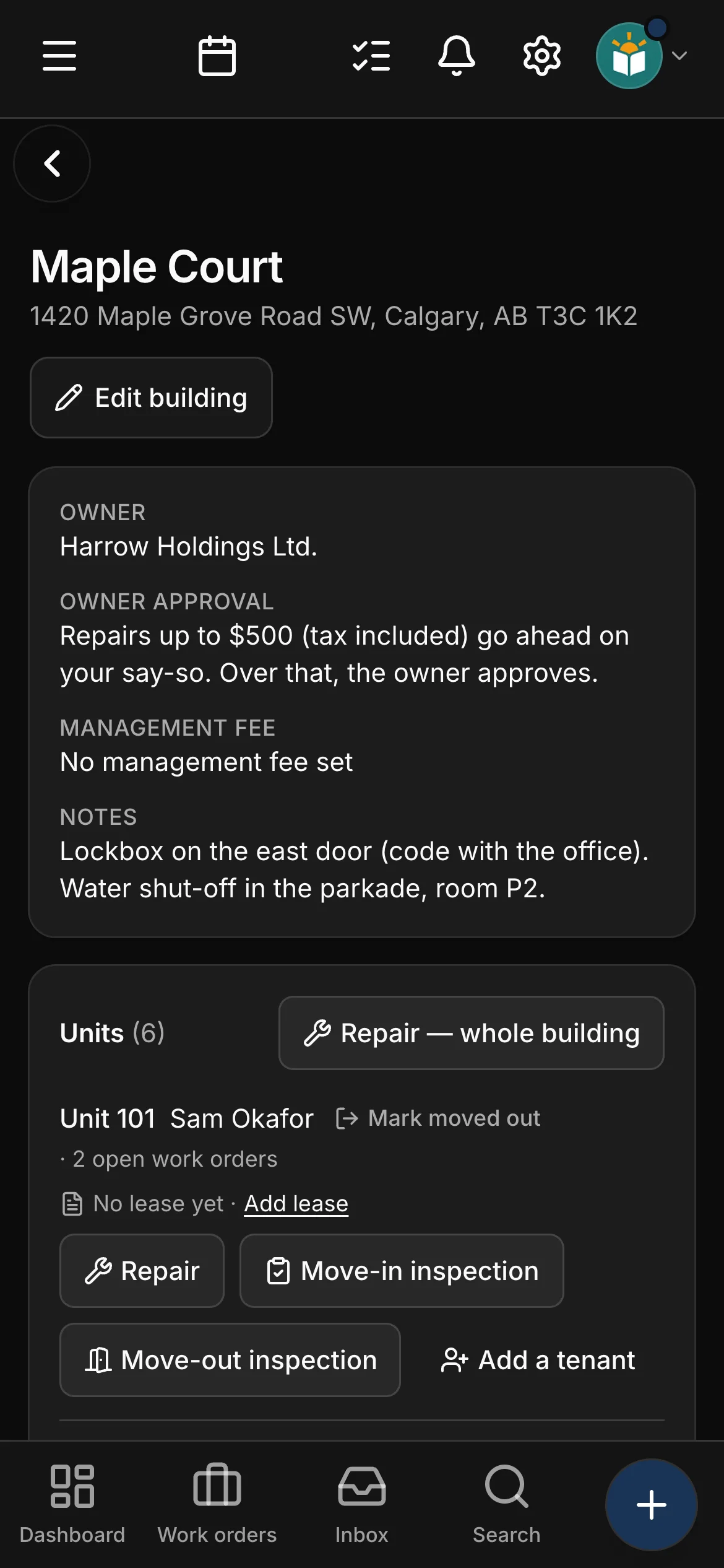 A building in Daybook, Maple Court: its owner, Harrow Holdings Ltd., and the owner’s limit — “Repairs up to $500 (tax included) go ahead on your say-so” — then its 6 units, each with Repair, Move-in inspection and Move-out inspection.