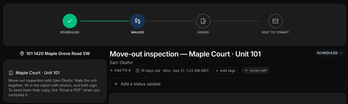 A move-out inspection in Daybook, its steps across the top: Scheduled, Walked, Signed and Sent to tenant.