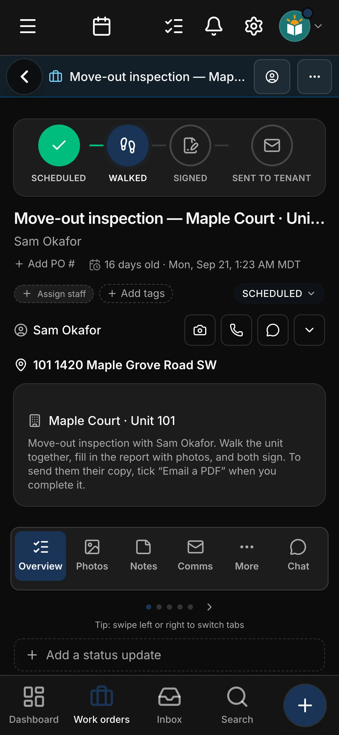 A move-out inspection in Daybook, its steps across the top: Scheduled, Walked, Signed and Sent to tenant.