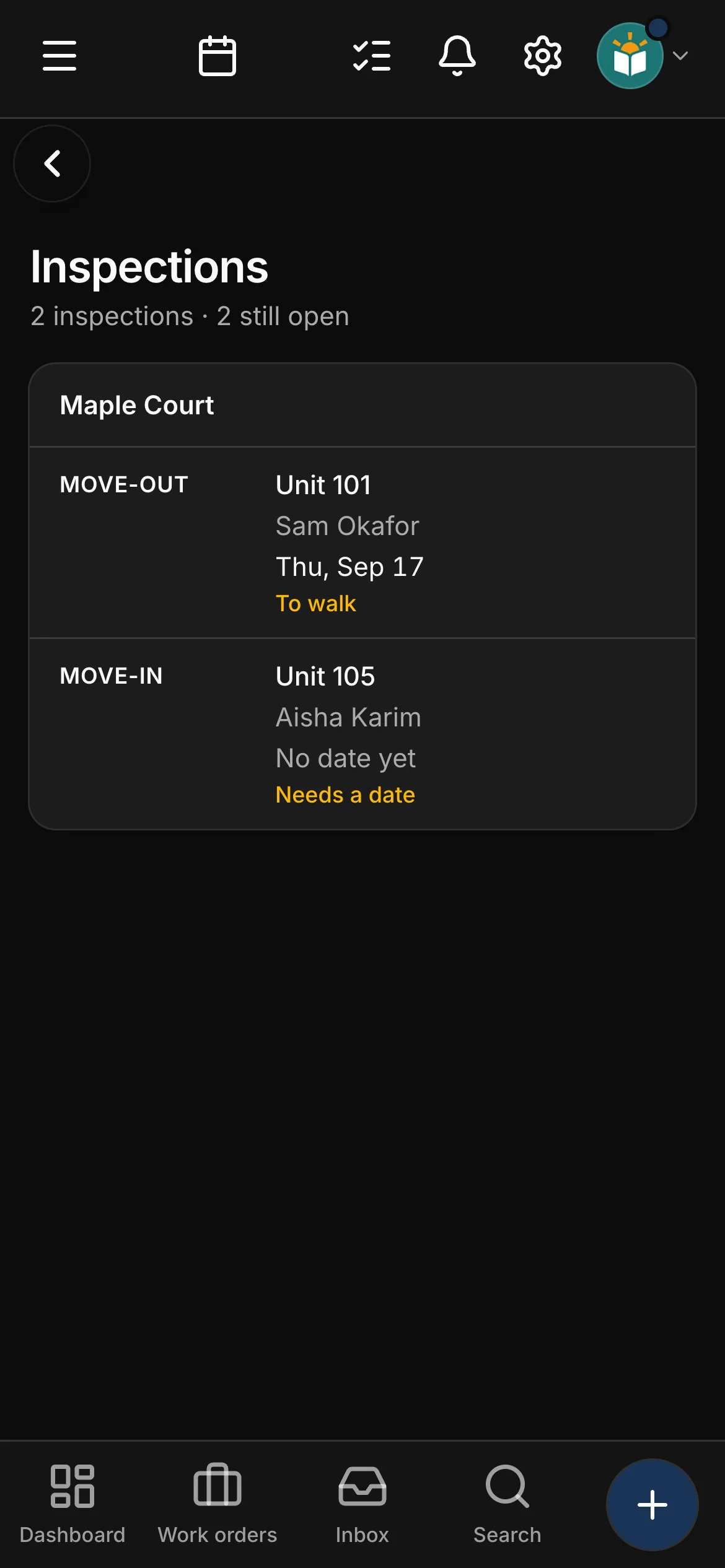 The inspections list in Daybook, 2 inspections at Maple Court: a move-out for Unit 101 with Sam Okafor (to walk Thu, Sep 17) and a move-in for Unit 105 with Aisha Karim (needs a date).