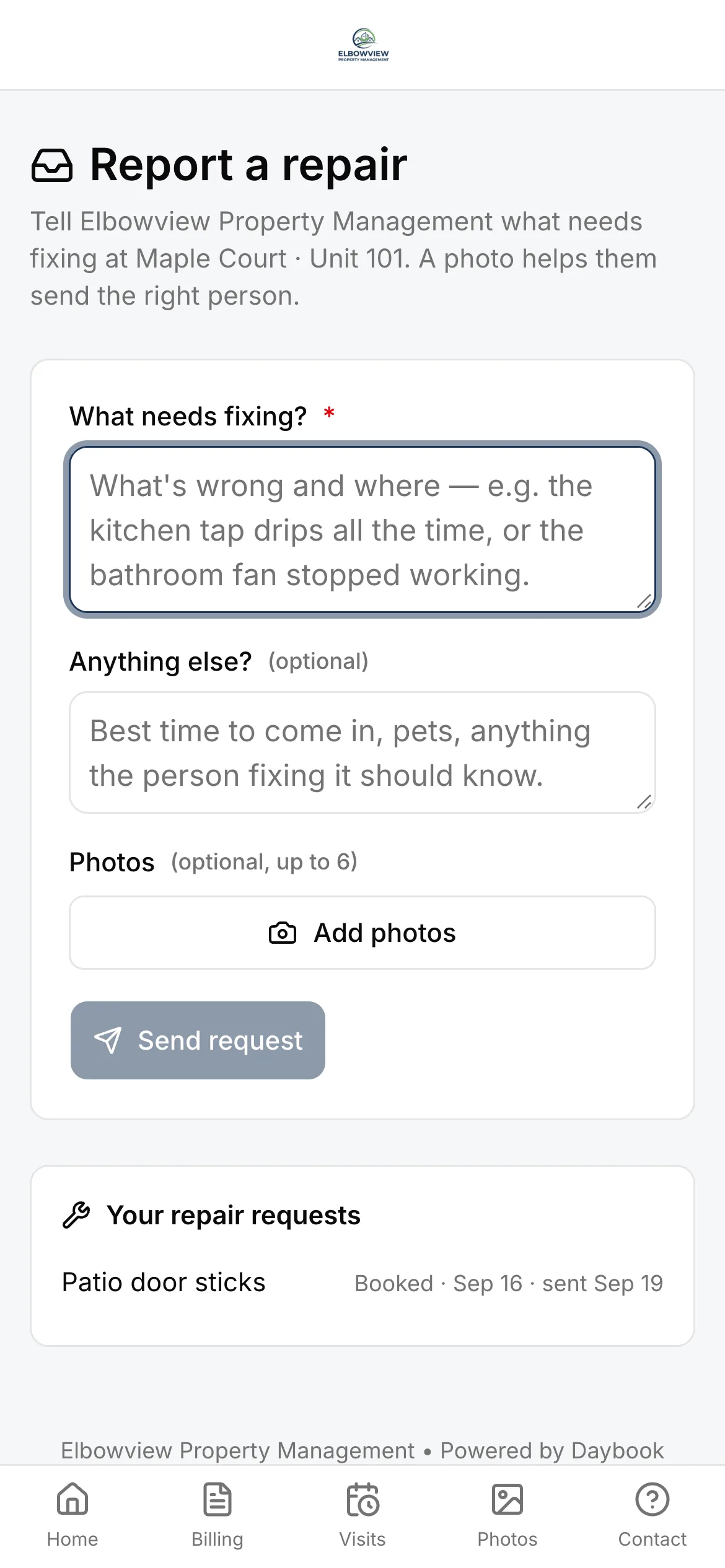 A renter’s portal on a phone: “Report a repair” for their own unit, with room for what needs fixing, anything else the person fixing it should know, and photos — and their earlier request, a sticking patio door, shown as booked.