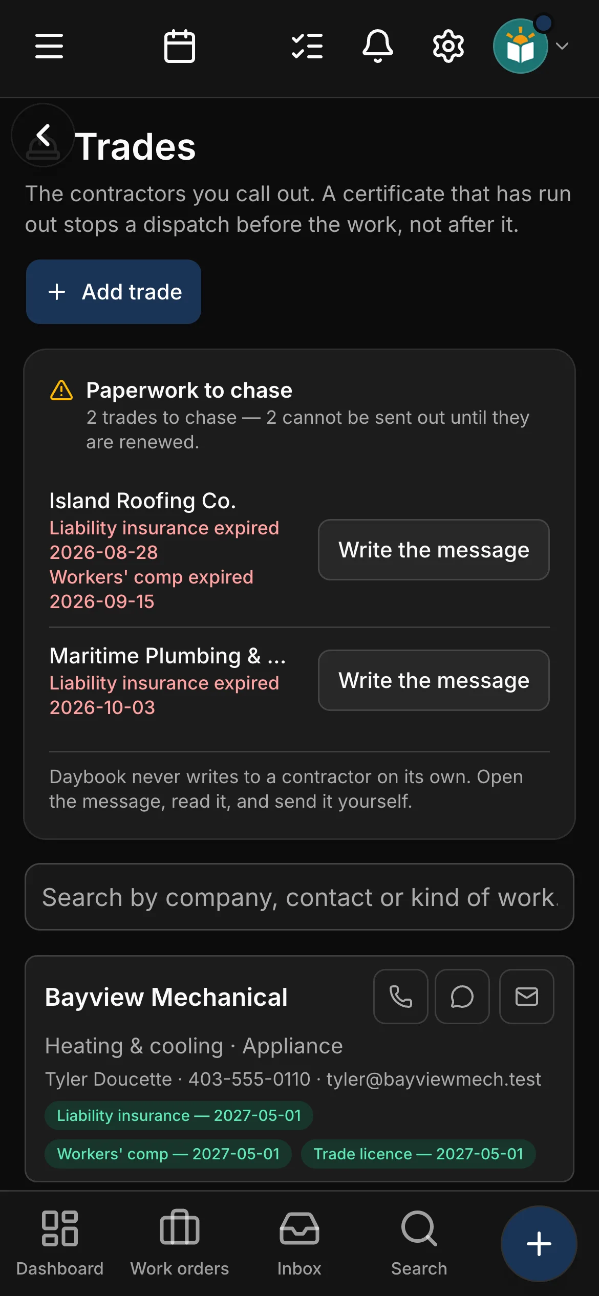 The Trades page in Daybook: “Paperwork to chase” naming Island Roofing Co. and Maritime Plumbing & Heating, each with Write the message (2 cannot be sent out until renewed), and under it each contractor with their insurance, workers’ comp and licence dates.