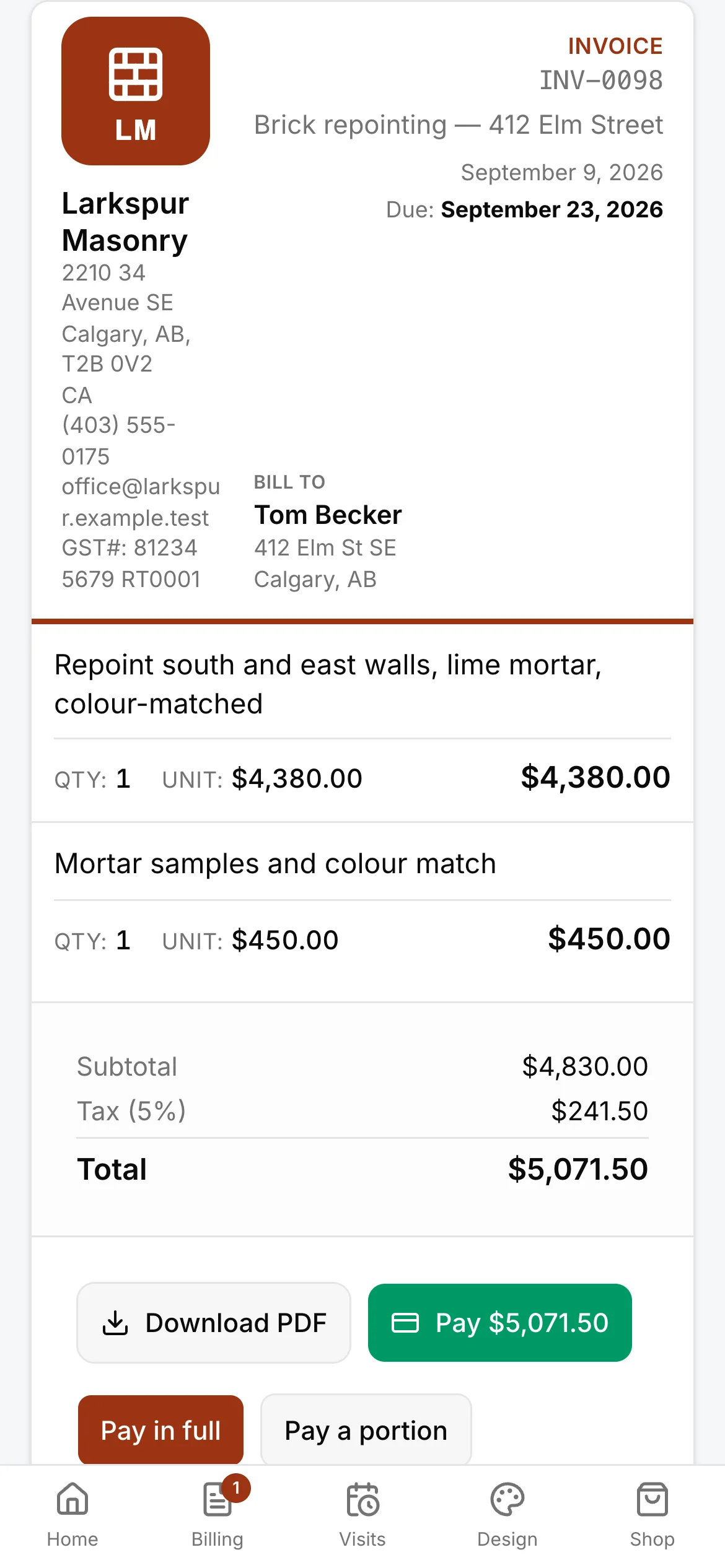 A client’s own invoice on their page: INV-0098, $5,071.50 owing and down to “Pay $5,071.50”.