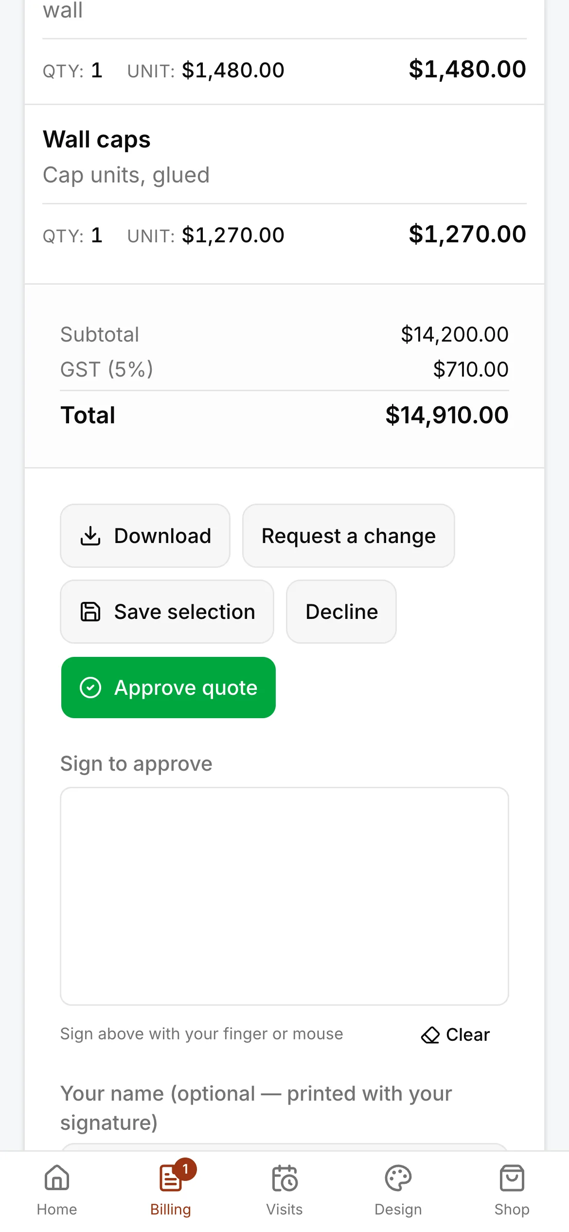 A quote on the client’s own page: Total $14,910.00, Request a change, Decline, Approve quote and Sign to approve.