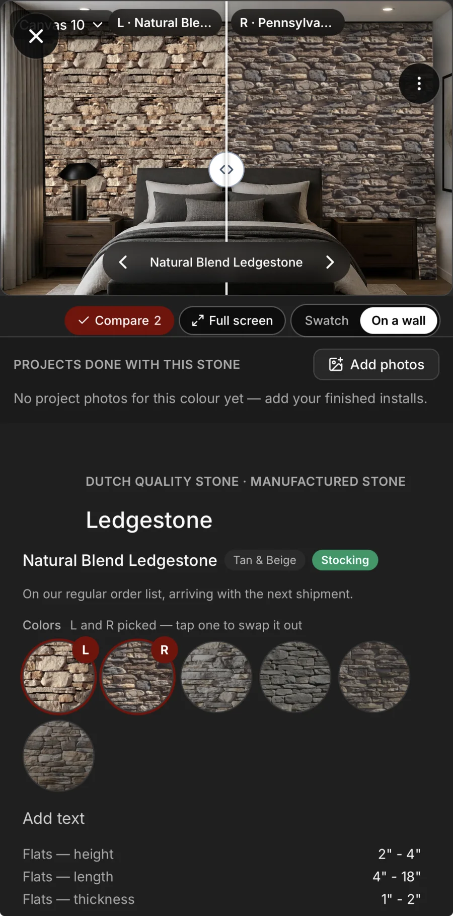 Two colours of one stone compared on a wall: a bedroom wall split down the middle, Natural Blend Ledgestone on the left and Pennsylvania Ledgestone on the right, with the two picked colours marked L and R below.