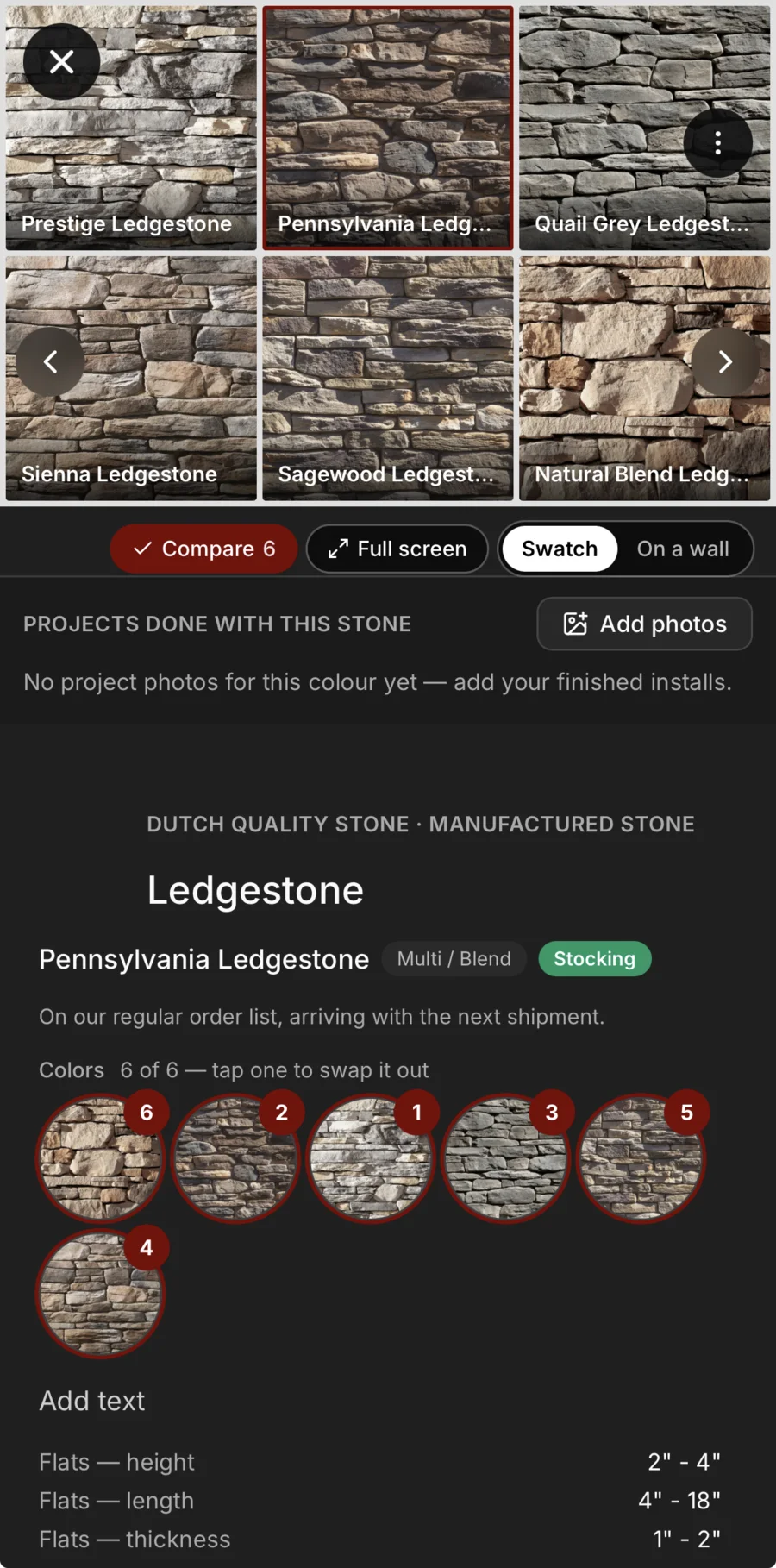 Six colours of one ledgestone side by side — Prestige, Pennsylvania, Quail Grey, Sienna, Sagewood and Natural Blend — numbered 1 to 6 in its colour swatches.