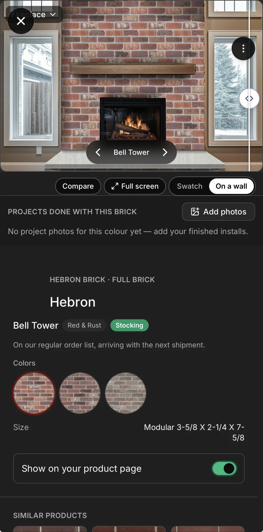 Hebron Bell Tower “On a wall”: the brick drawn on a living-room fireplace, with arrows to step through its colours.