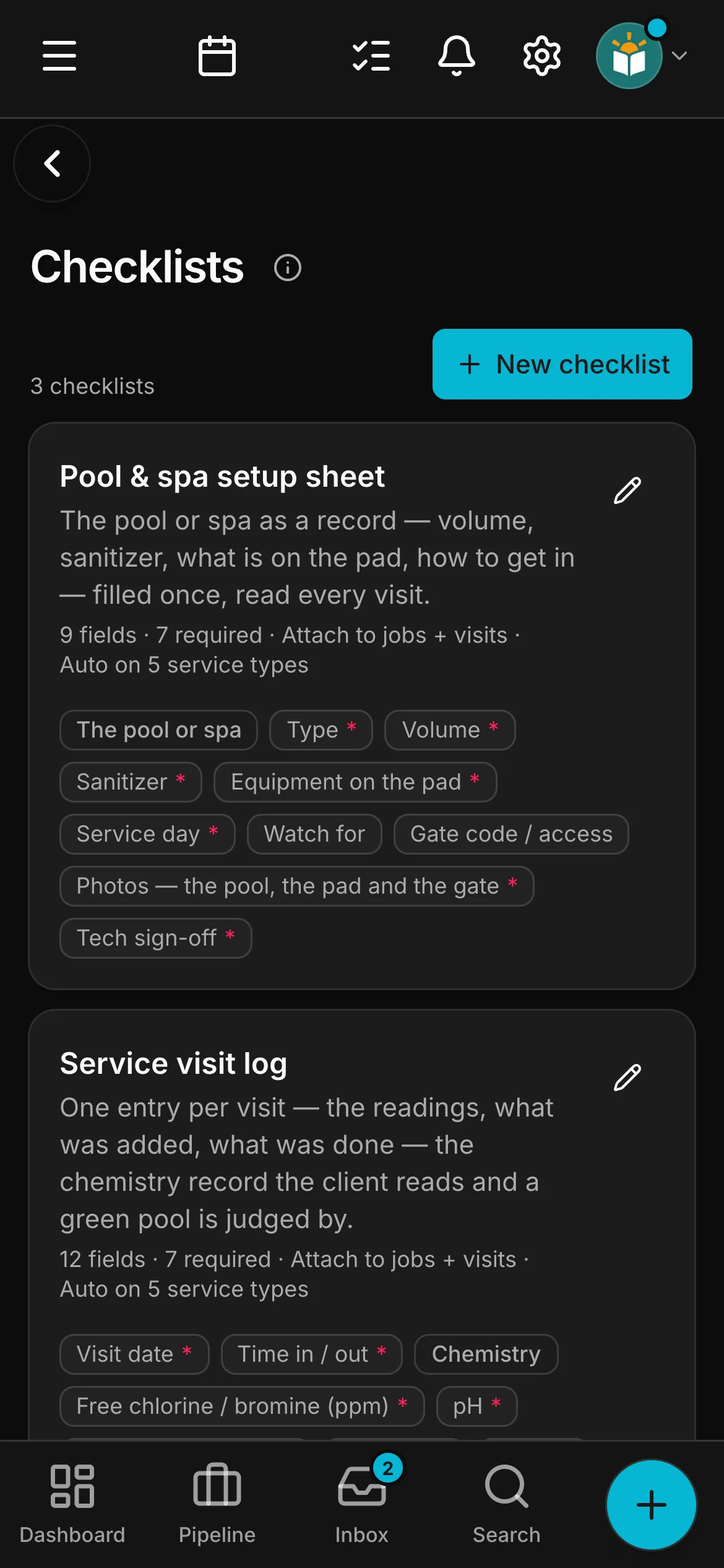 The checklists in Daybook: “Pool & spa setup sheet” and “Service visit log”.