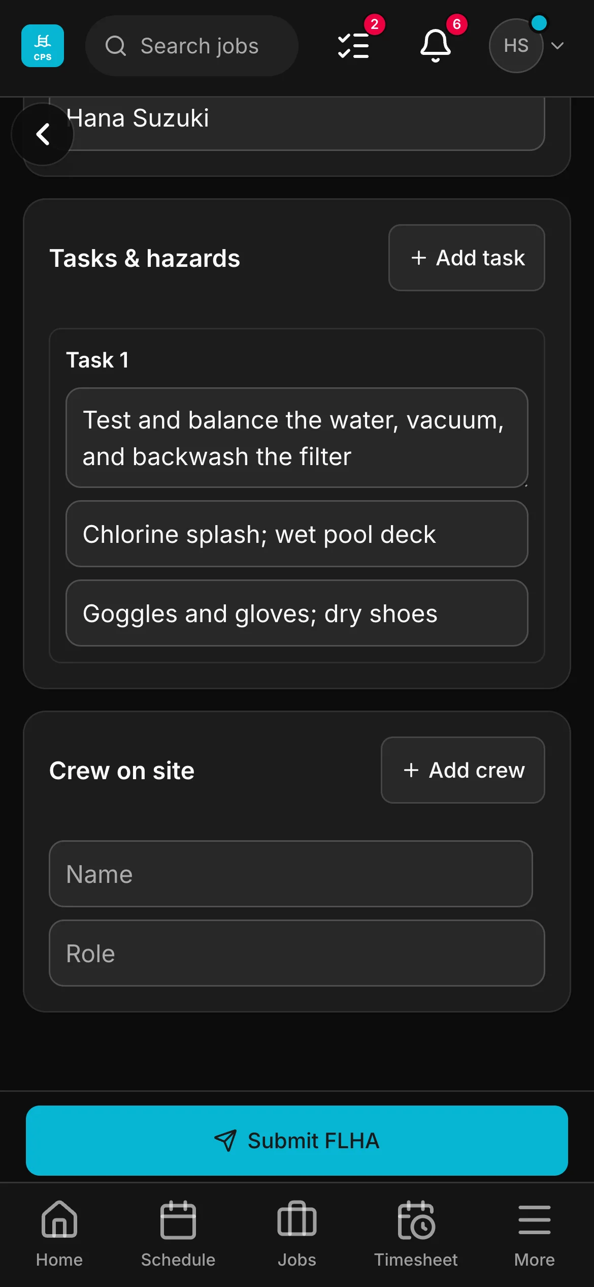 An FLHA in the crew app, “Test and balance the water, vacuum, and backwash the filter”: the task with its hazard and its control, and the crew on site under it.