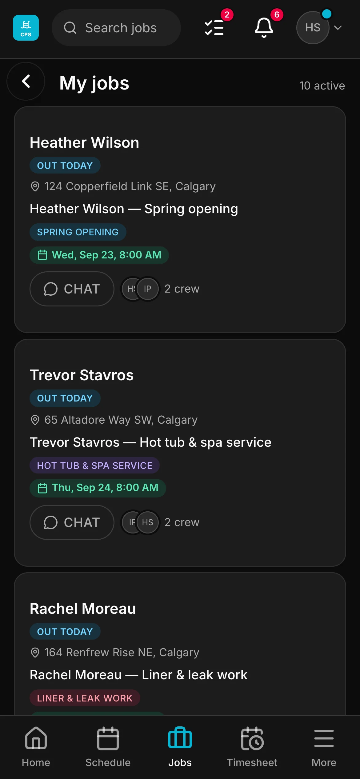 A crew member’s list in the crew app, 10 active: “Heather Wilson — Spring opening” and “Trevor Stavros — Hot tub & spa service” among them, each with its address and its time.