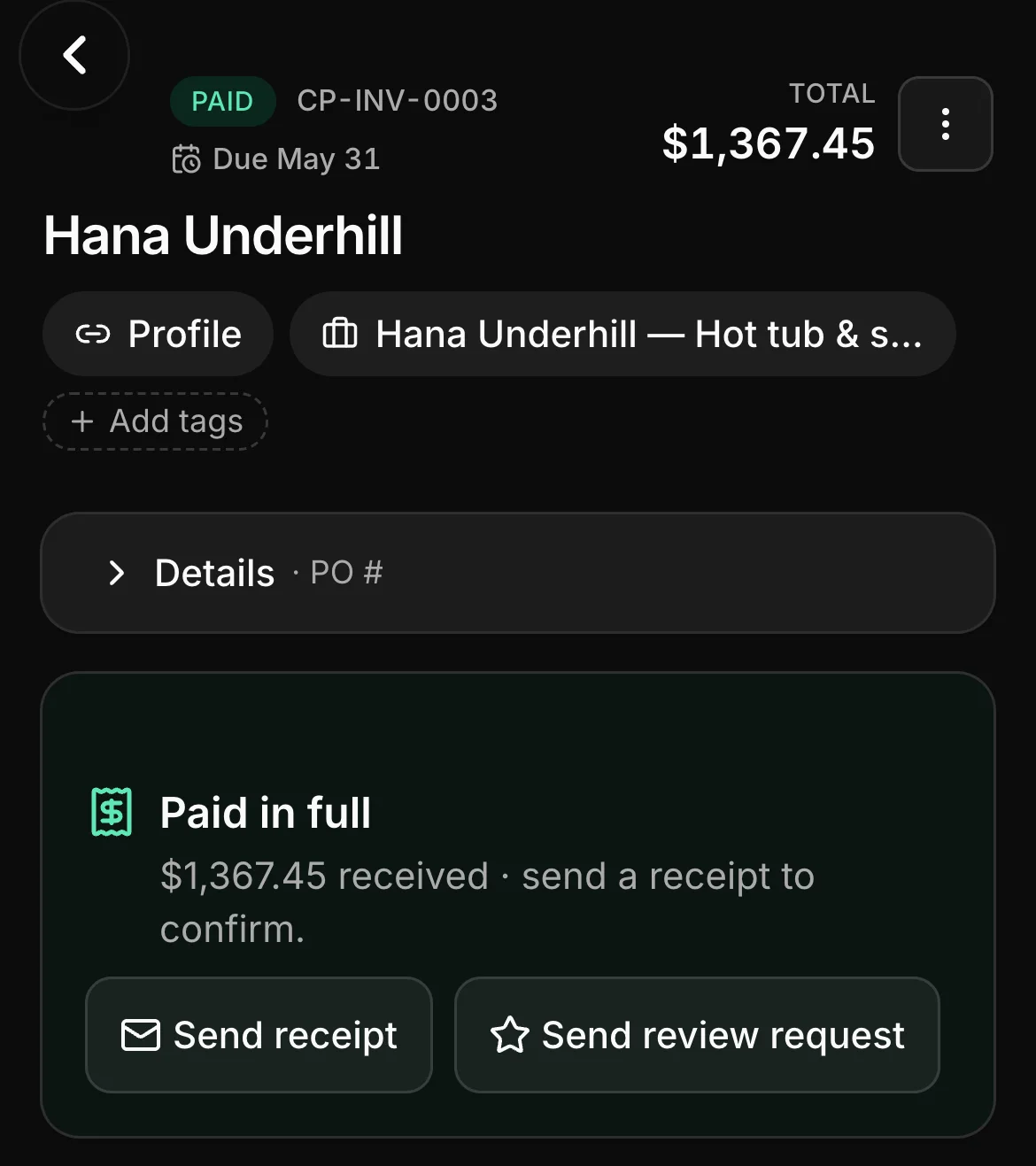 A paid invoice in Daybook: CP-INV-0003, paid, $1,367.45.