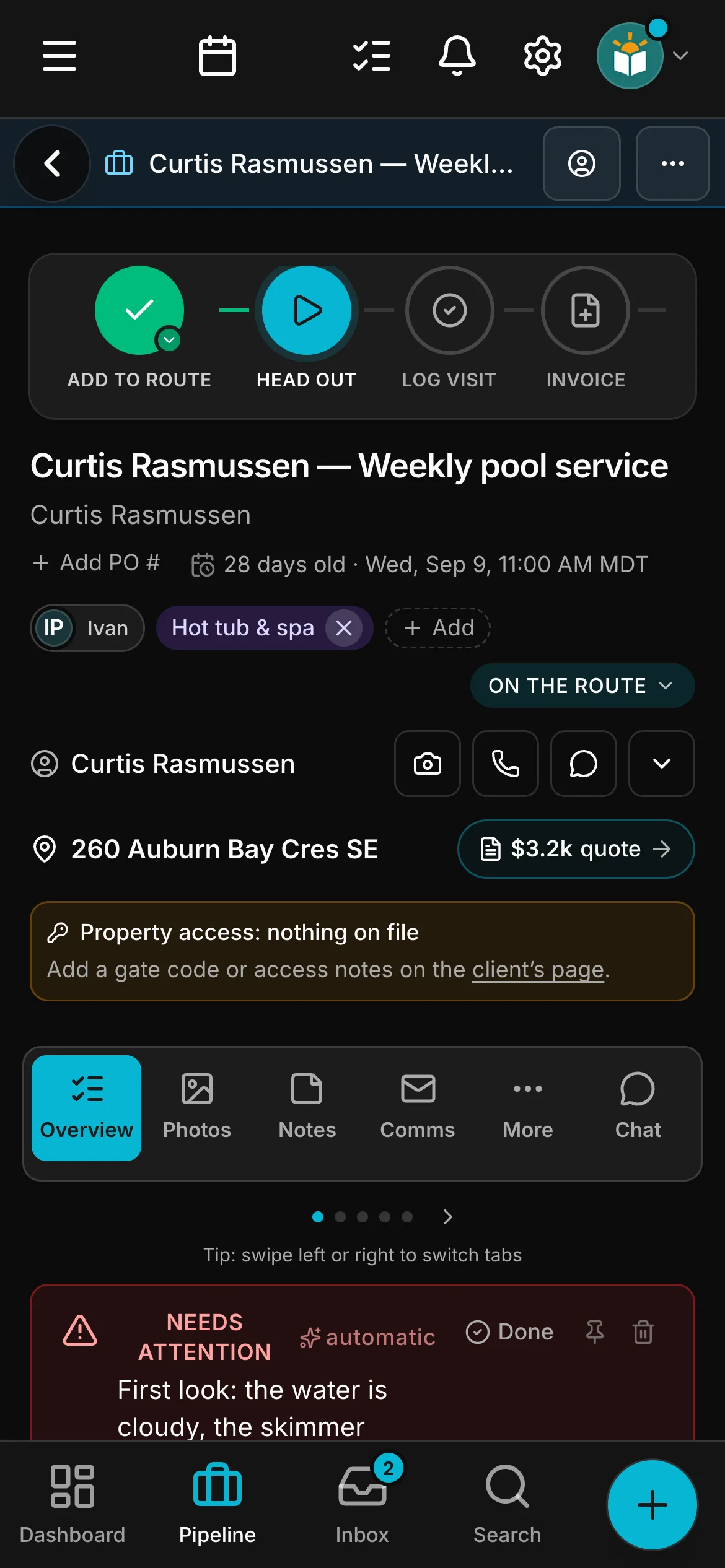 The job on its page in Daybook, its steps across the top: Add to route, Head out, Log visit and Invoice.