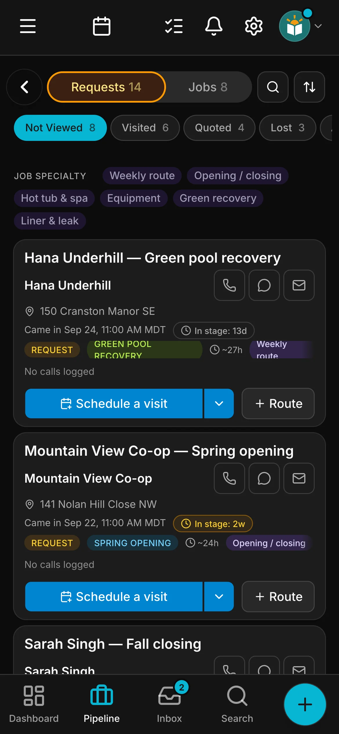 The requests board in Daybook: “Hana Underhill — Green pool recovery” and “Mountain View Co-op — Spring opening”.