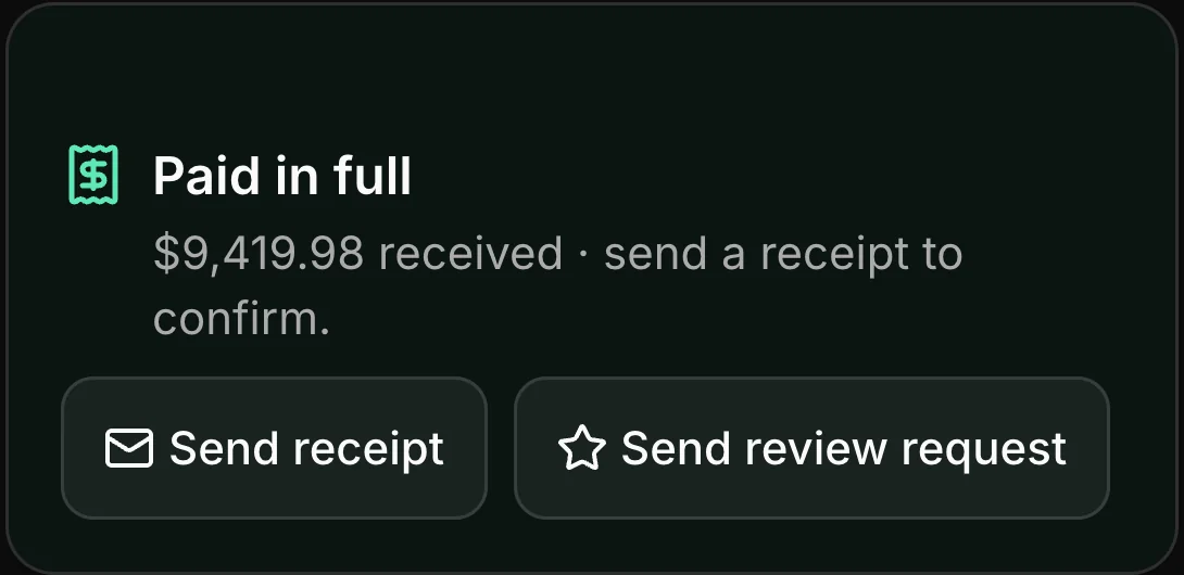 The paid panel of an invoice: “Paid in full — $9,419.98 received”, with Send receipt and Send review request under it.