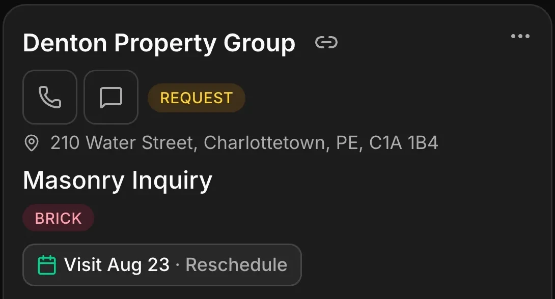 A request card: the client, the address, the kind of work, and a visit booked.