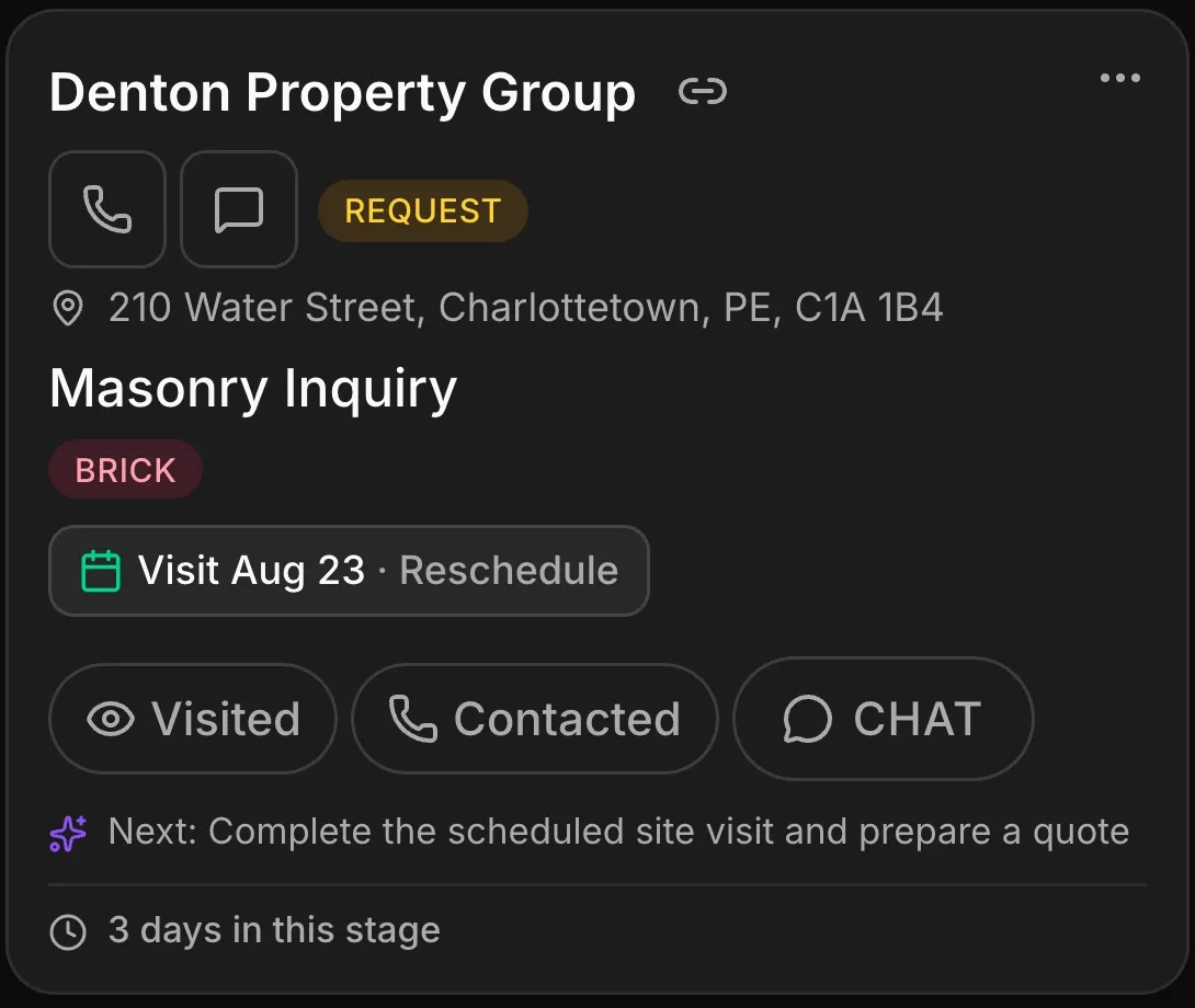 A request card: the client, the address, the kind of work, a visit booked, and how long it has been sitting.