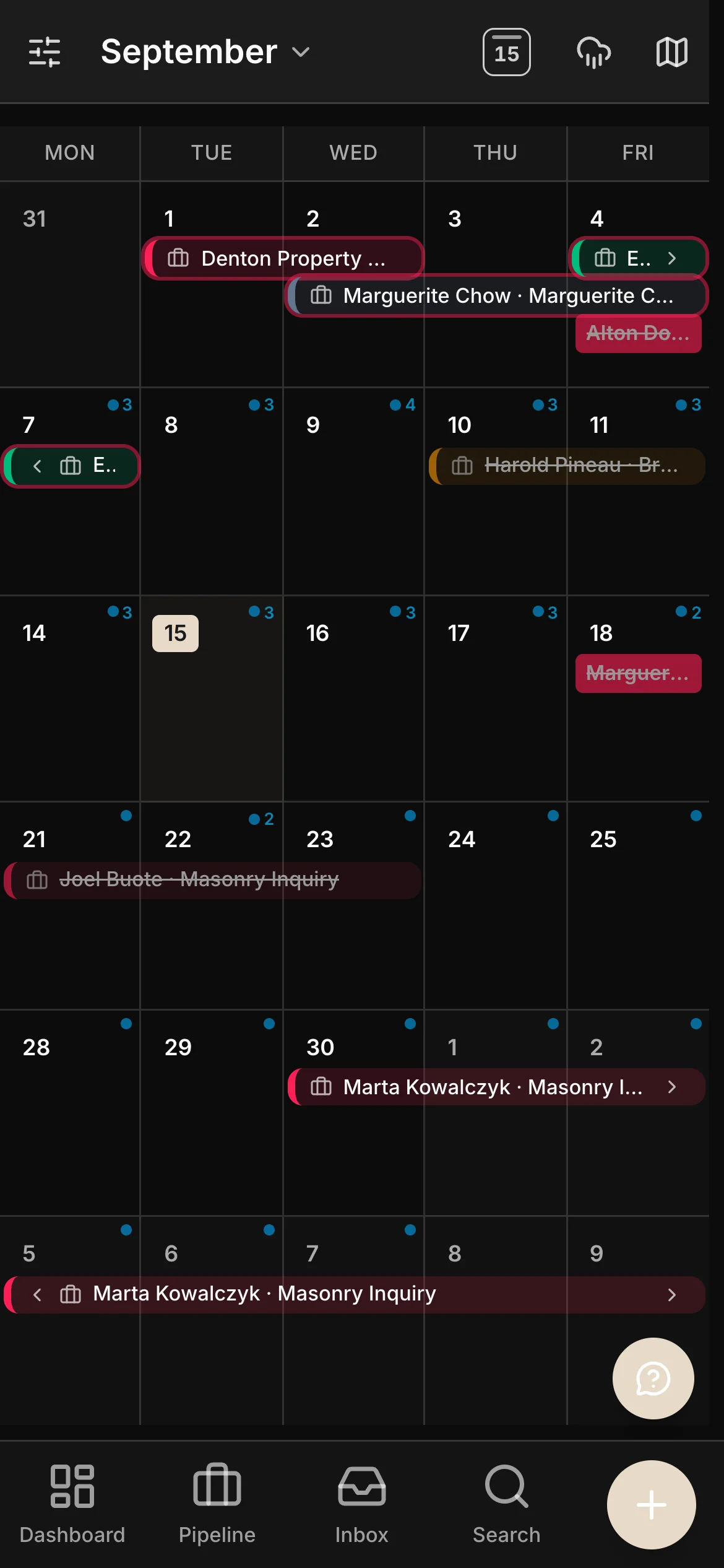A month of work on a phone: job bars running across September, each one a client and a job.