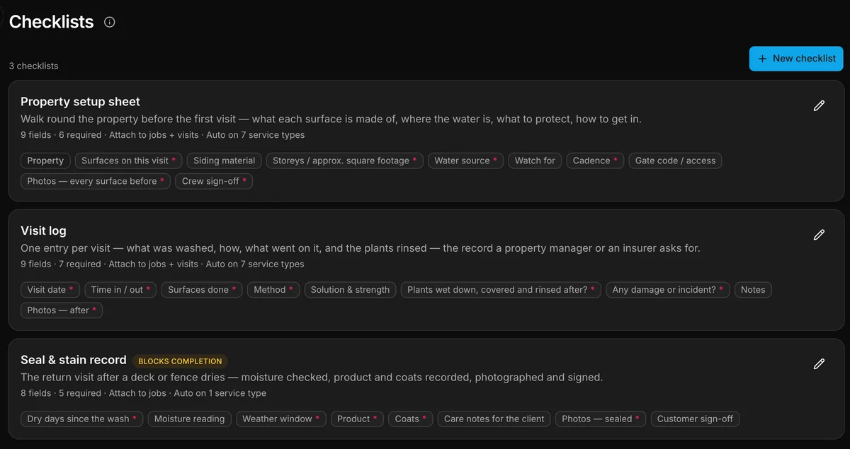 The checklists in Daybook: “Property setup sheet” and “Visit log”.