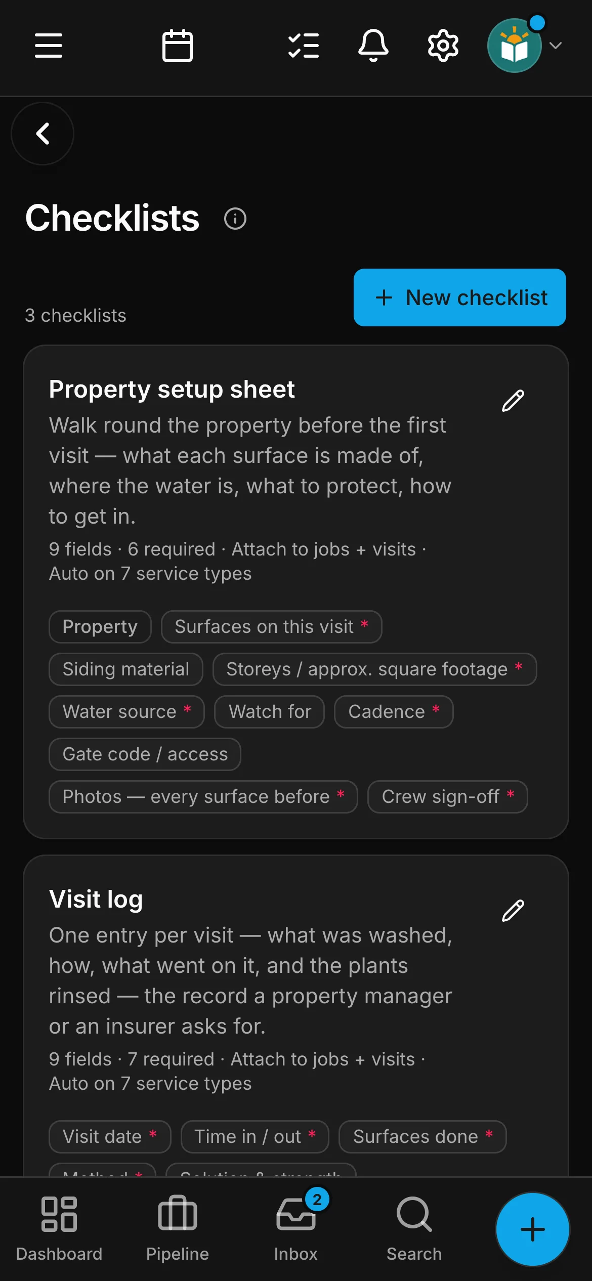 The checklists in Daybook: “Property setup sheet” and “Visit log”.