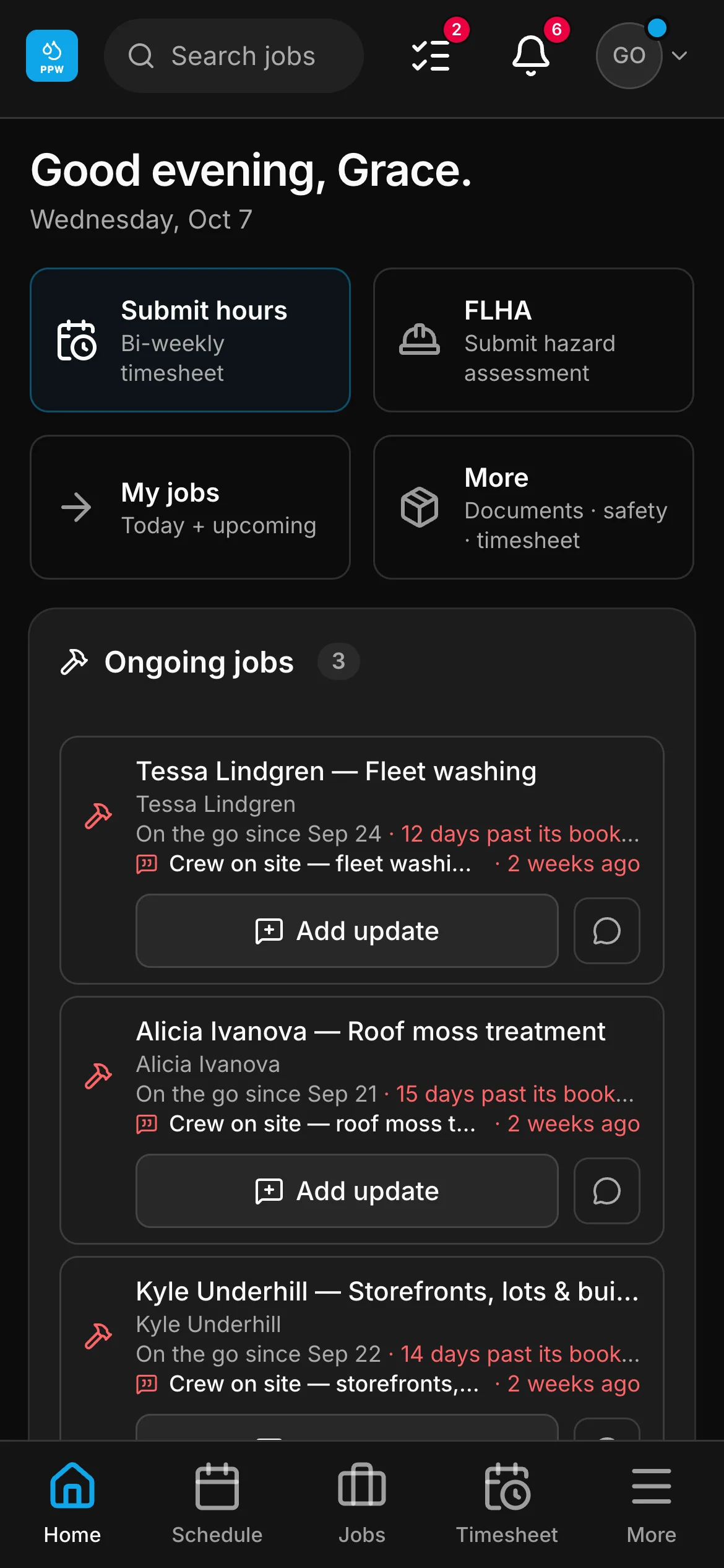 The crew app’s home: a greeting by name, then Submit hours, FLHA, My jobs and More, and the jobs on the go below them, each with Add update.