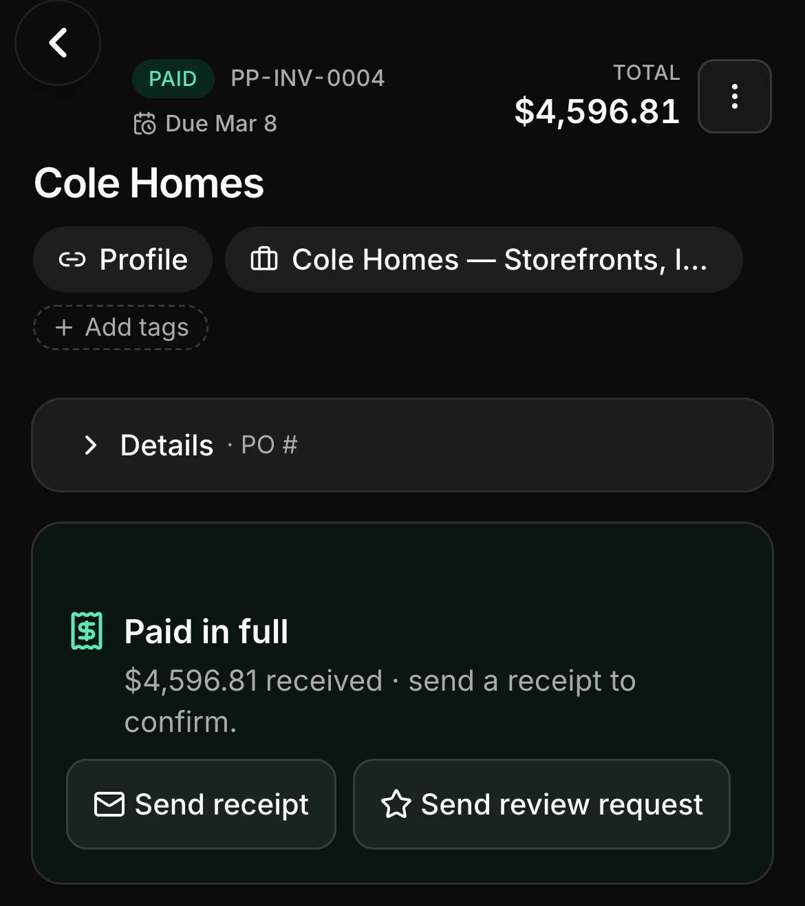 A paid invoice in Daybook: PP-INV-0004, paid, $4,596.81.
