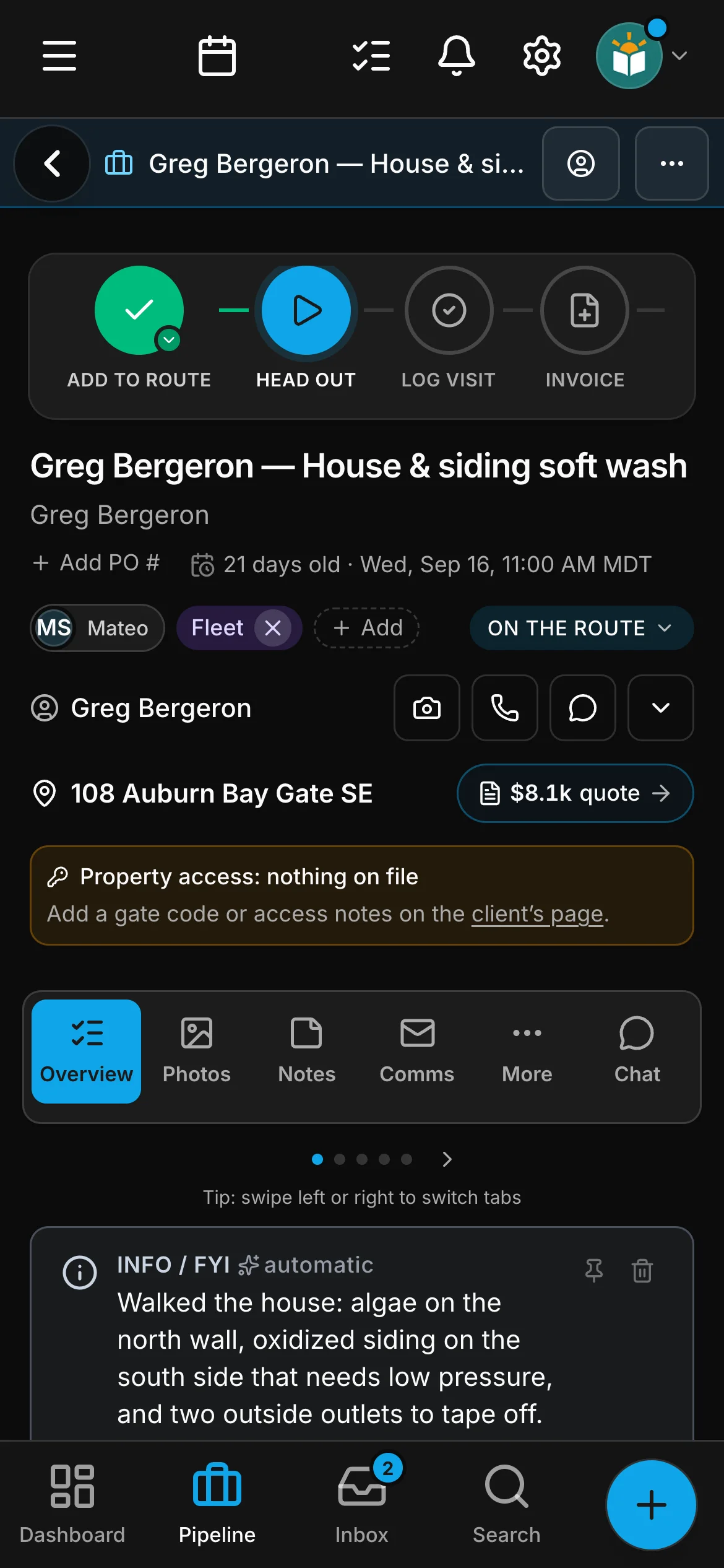 The job on its page in Daybook, its steps across the top: Add to route, Head out, Log visit and Invoice.