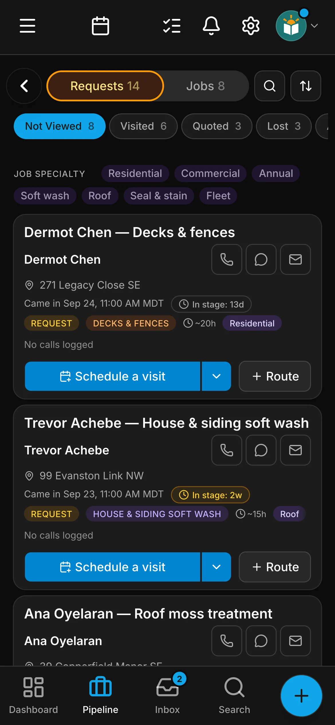 The requests board in Daybook: “Dermot Chen — Decks & fences” and “Trevor Achebe — House & siding soft wash”.