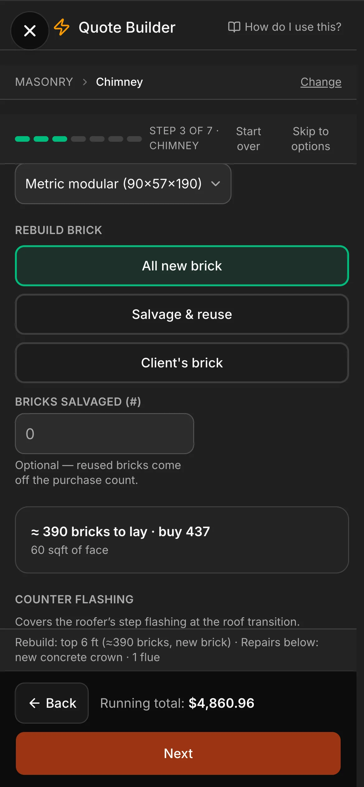 The chimney’s tear-down step in the Quote Builder: “Rebuild: top 6 ft (≈390 bricks, new brick)”, All new brick, “≈ 390 bricks to lay”, buy 437 and 60 sqft of face.