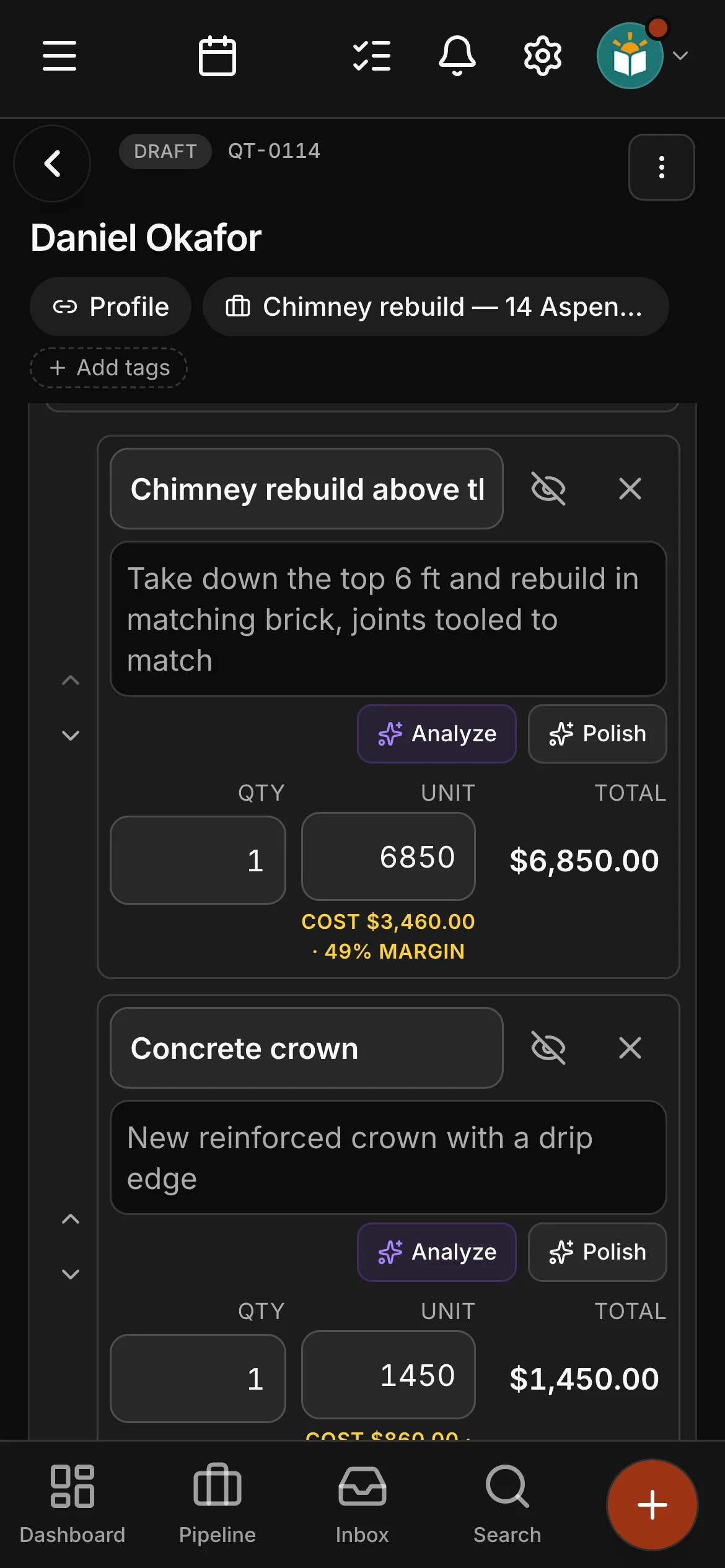 A chimney rebuild quote in Daybook: 5 lines, starting with “Take down the top 6 ft and rebuild in matching brick, joints tooled to match”, each with its cost and margin beside the price.