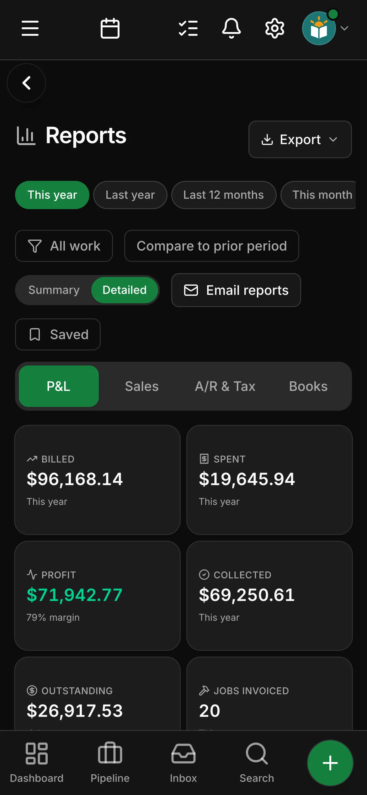 The reports page in Daybook, the year’s figures first: Billed, Spent, Profit, Collected, Outstanding and Jobs invoiced, and the list of every report.