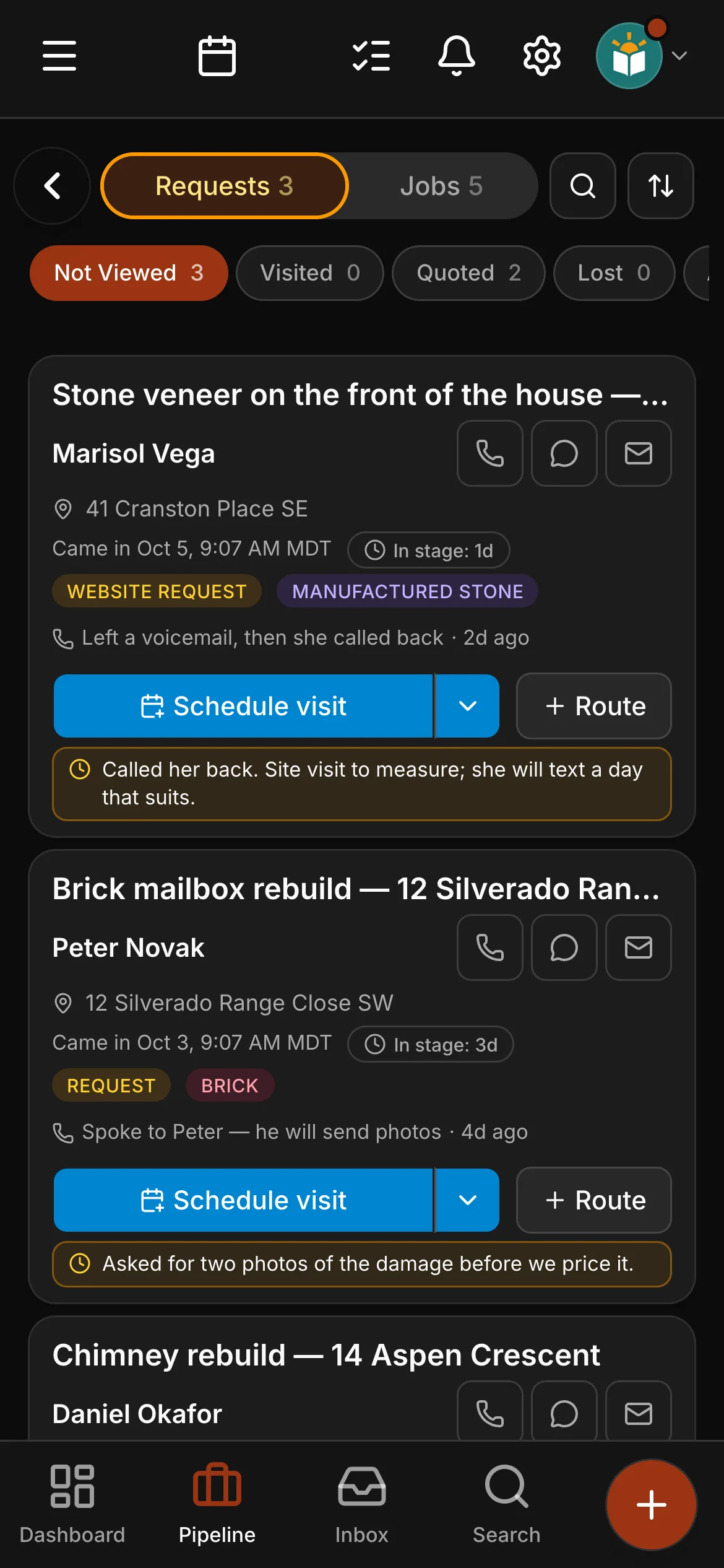 The requests board in Daybook: “Stone veneer on the front of the house — 41 Cranston Place” and “Brick mailbox rebuild — 12 Silverado Range Close”.