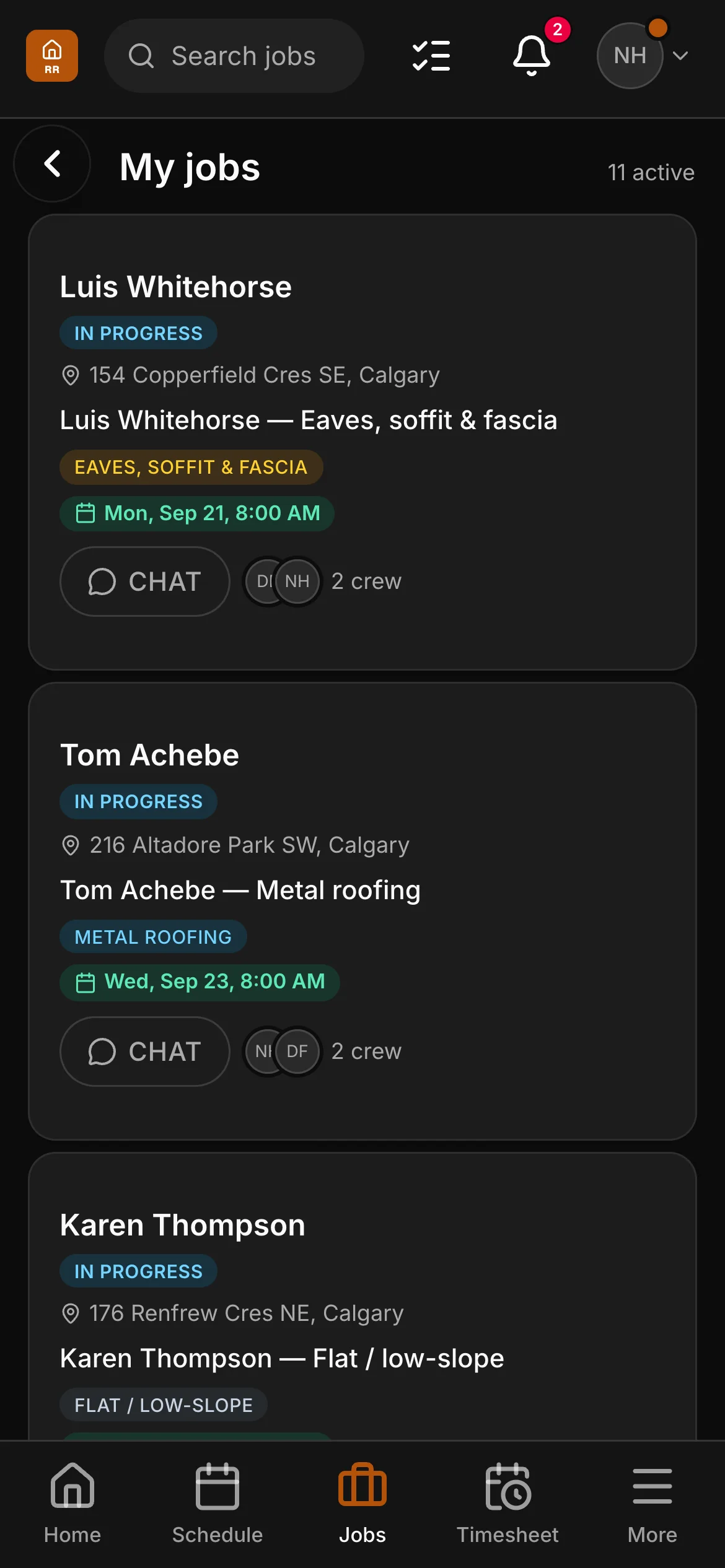 A crew member’s list in the crew app, 11 active: “Luis Whitehorse — Eaves, soffit & fascia” and “Tom Achebe — Metal roofing” among them, each with its address and its time.