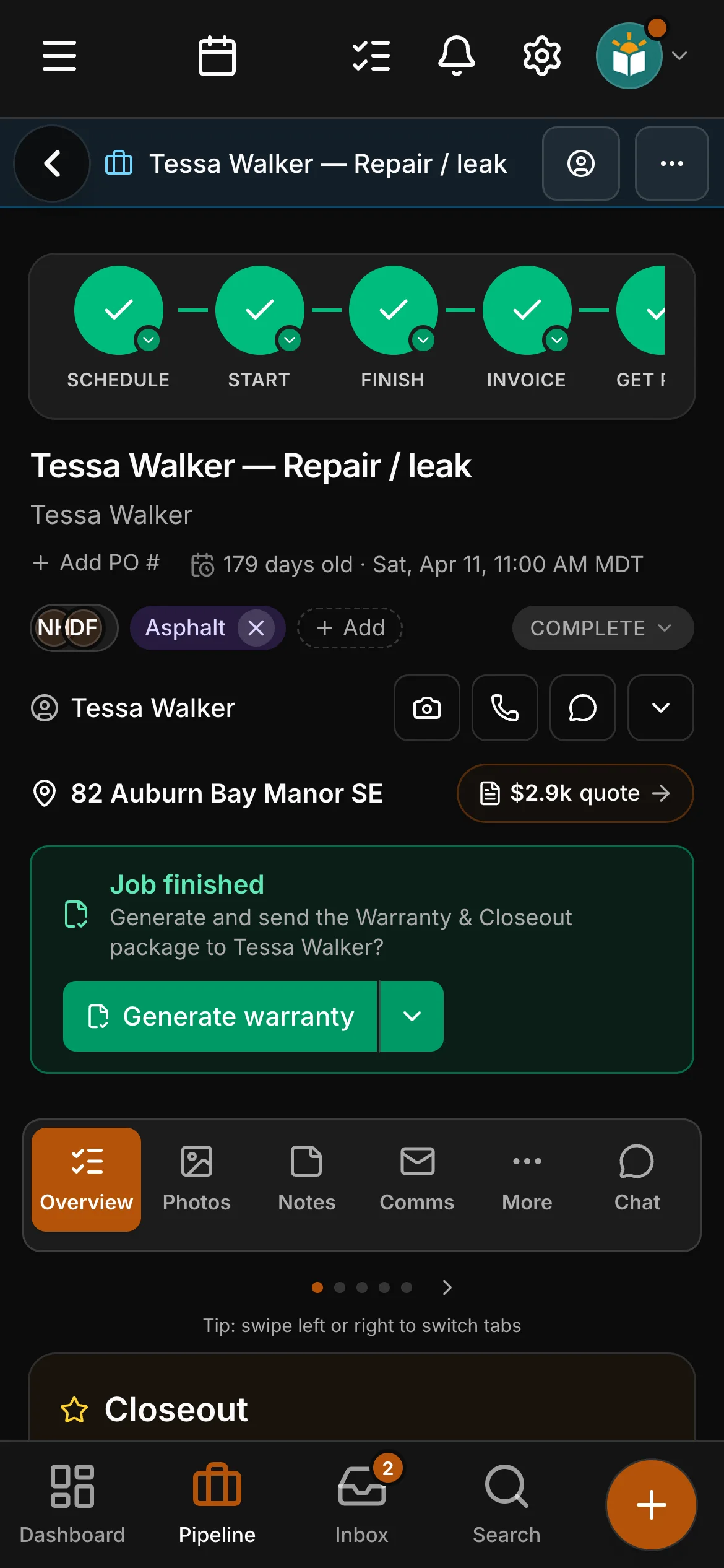 A finished job in Daybook: Job finished, Generate warranty and Closeout.