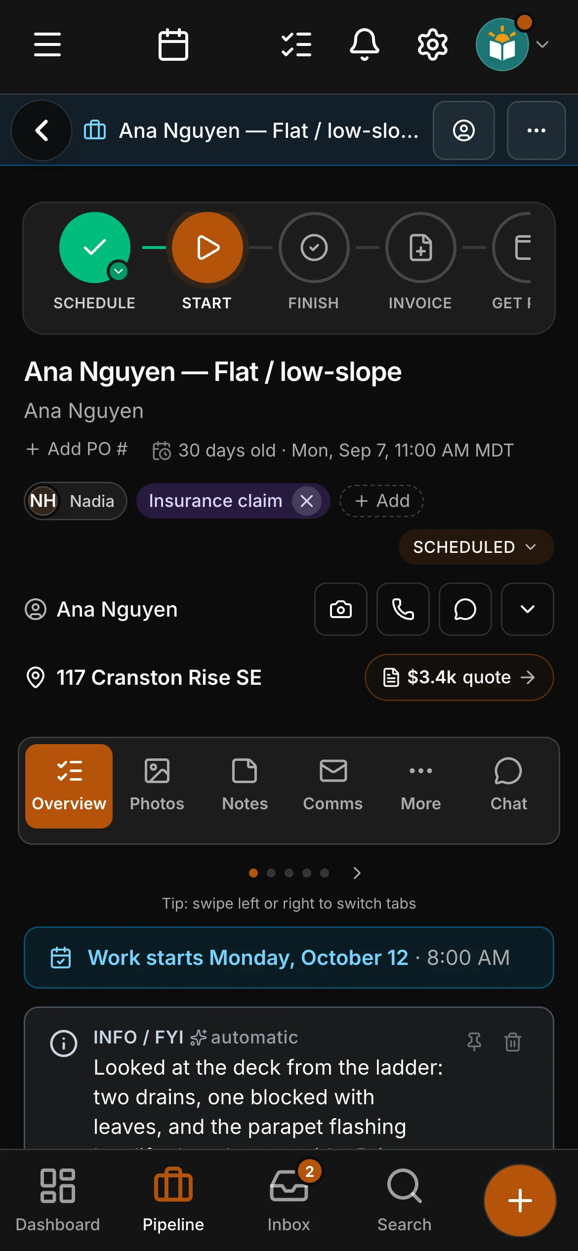 The job on its page in Daybook, its steps across the top: Schedule, Start, Finish, Invoice and Get paid.