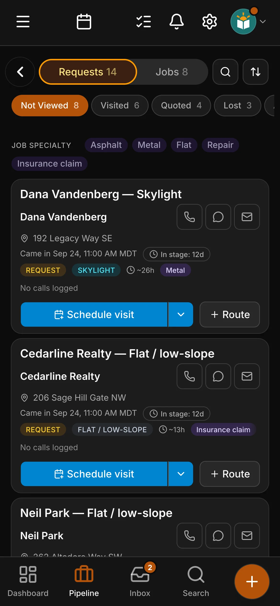 The requests board in Daybook: “Dana Vandenberg — Skylight” and “Cedarline Realty — Flat / low-slope”.