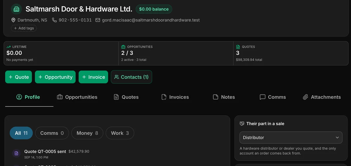 An account in Daybook, Saltmarsh Door & Hardware Ltd.: where it is and how to reach it, lifetime ($0.00), opportunities (2 / 3, 2 active) and quotes (3, $98,309.94 total), then Quote, Opportunity and Invoice.
