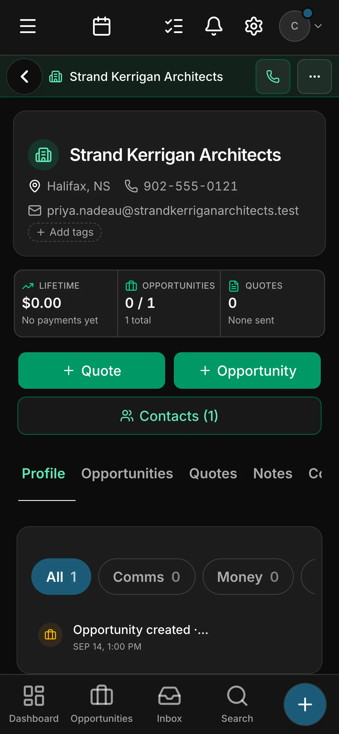 An architect’s account in Daybook, Strand Kerrigan Architects: where it is and how to reach it, lifetime ($0.00), opportunities (0 / 1, 1 total) and quotes (0), then Quote and Opportunity.