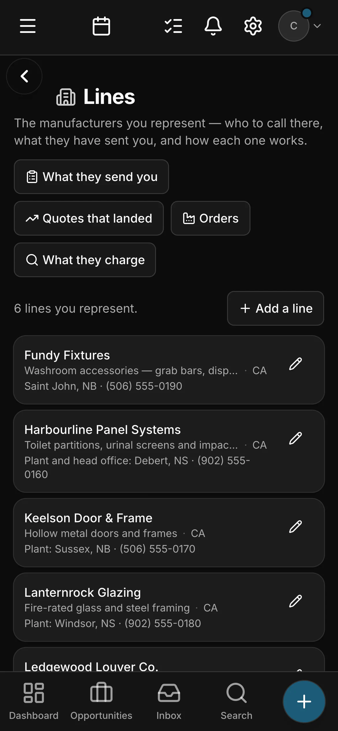 The lines the agency represents, in Daybook: 6 lines you represent — Fundy Fixtures, Harbourline Panel Systems, Keelson Door & Frame and Lanternrock Glazing among them — each with what it makes, where its plant is and its number, under “What they send you”, “Quotes that landed”, “Orders” and “What they charge”.