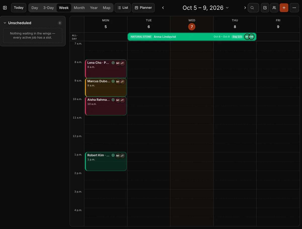 A week of the schedule in Daybook: “Patio wall cap repair — 9 Juniper Bay” and “Chimney crown — 230 Ranchview Drive”.