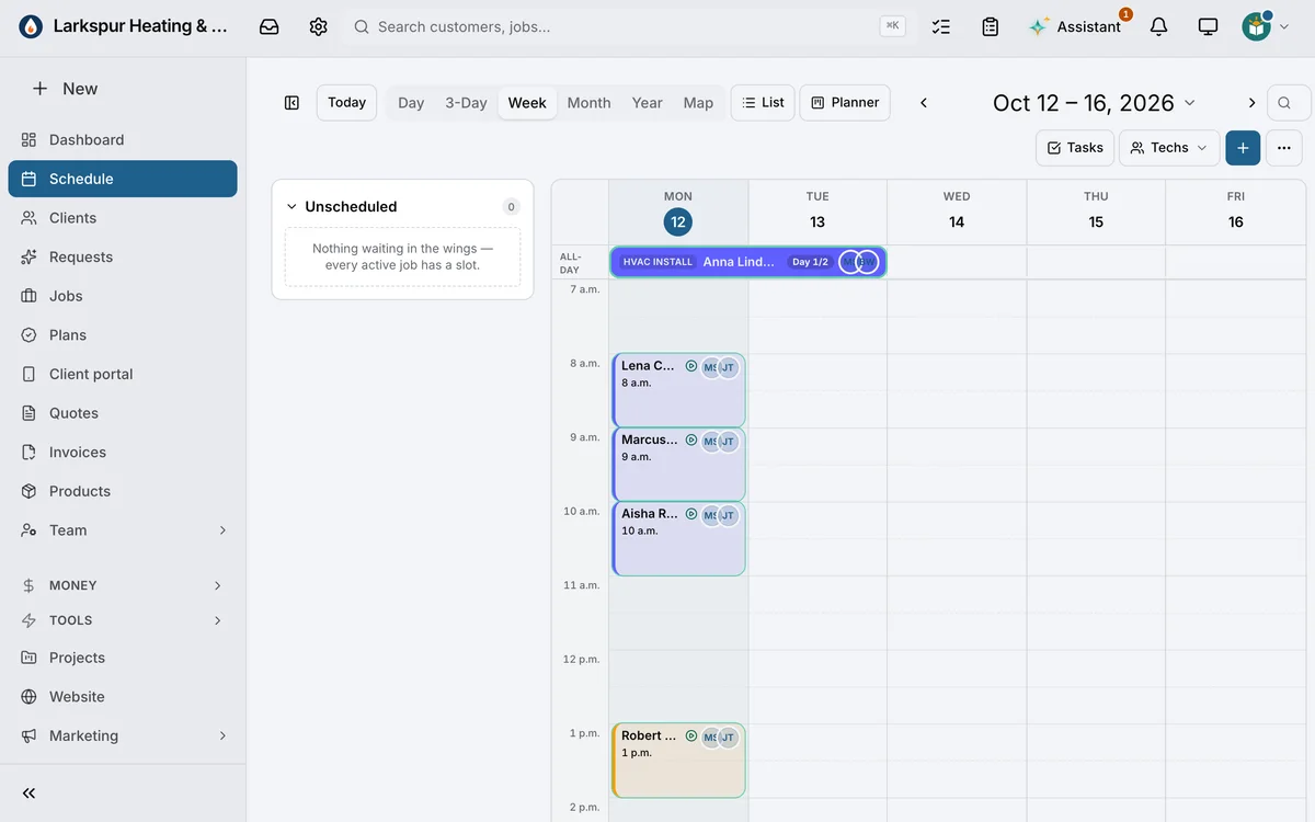 A week of the schedule in Daybook: “Air conditioner install — 9 Juniper Bay” and “Gas line to the patio — 230 Ranchview Drive”.