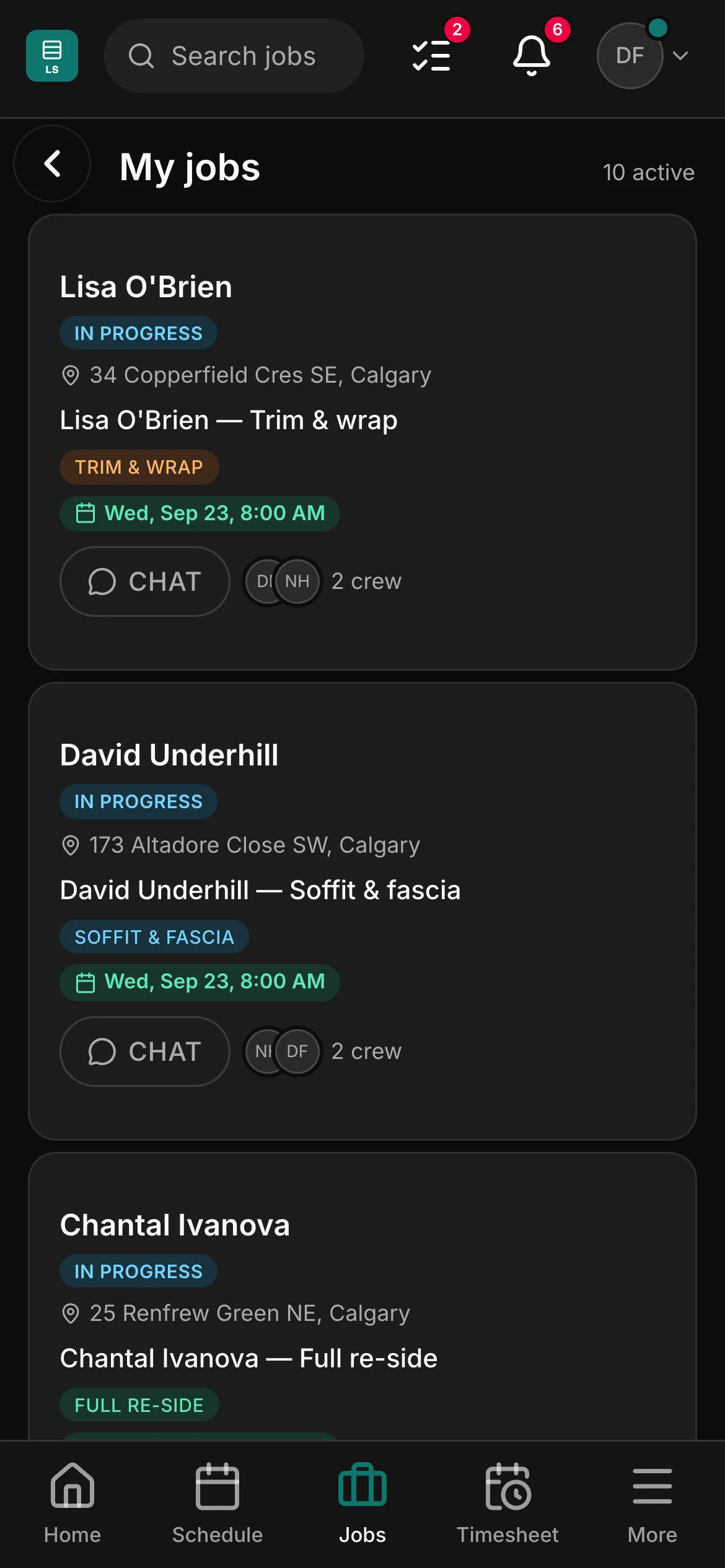 A crew member’s list in the crew app, 10 active: “Lisa O'Brien — Trim & wrap” and “David Underhill — Soffit & fascia” among them, each with its address and its time.