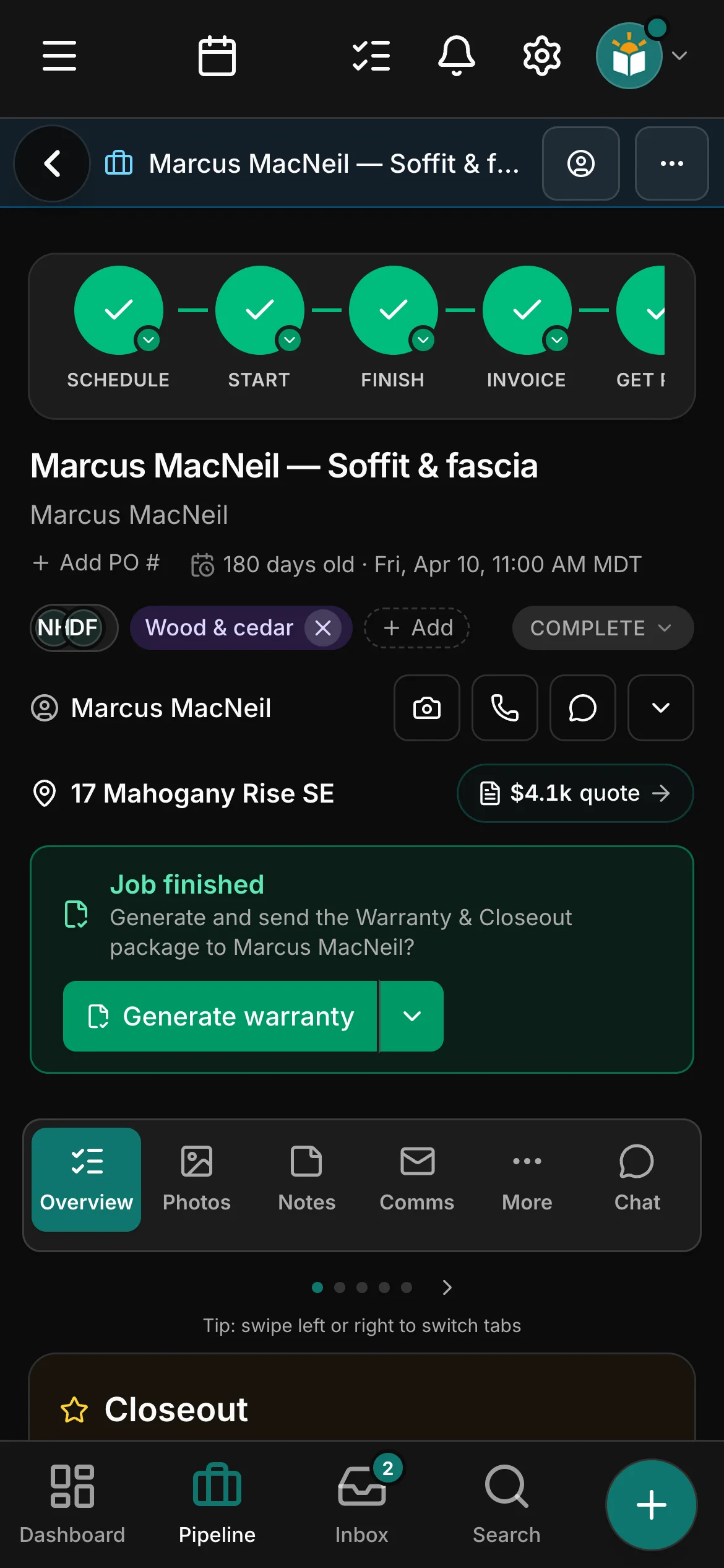 A finished job in Daybook: Job finished, Generate warranty and Closeout.