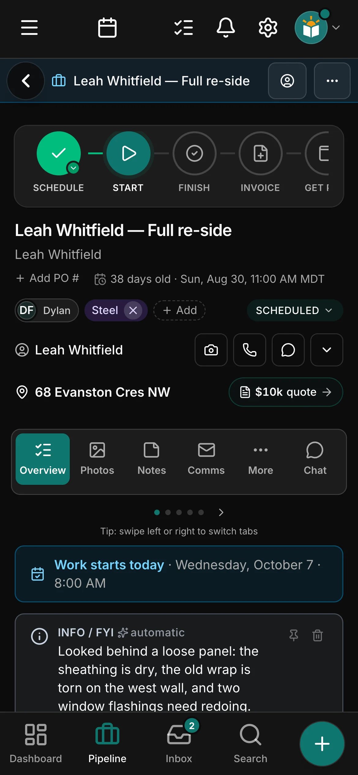 The job on its page in Daybook, its steps across the top: Schedule, Start, Finish, Invoice and Get paid.